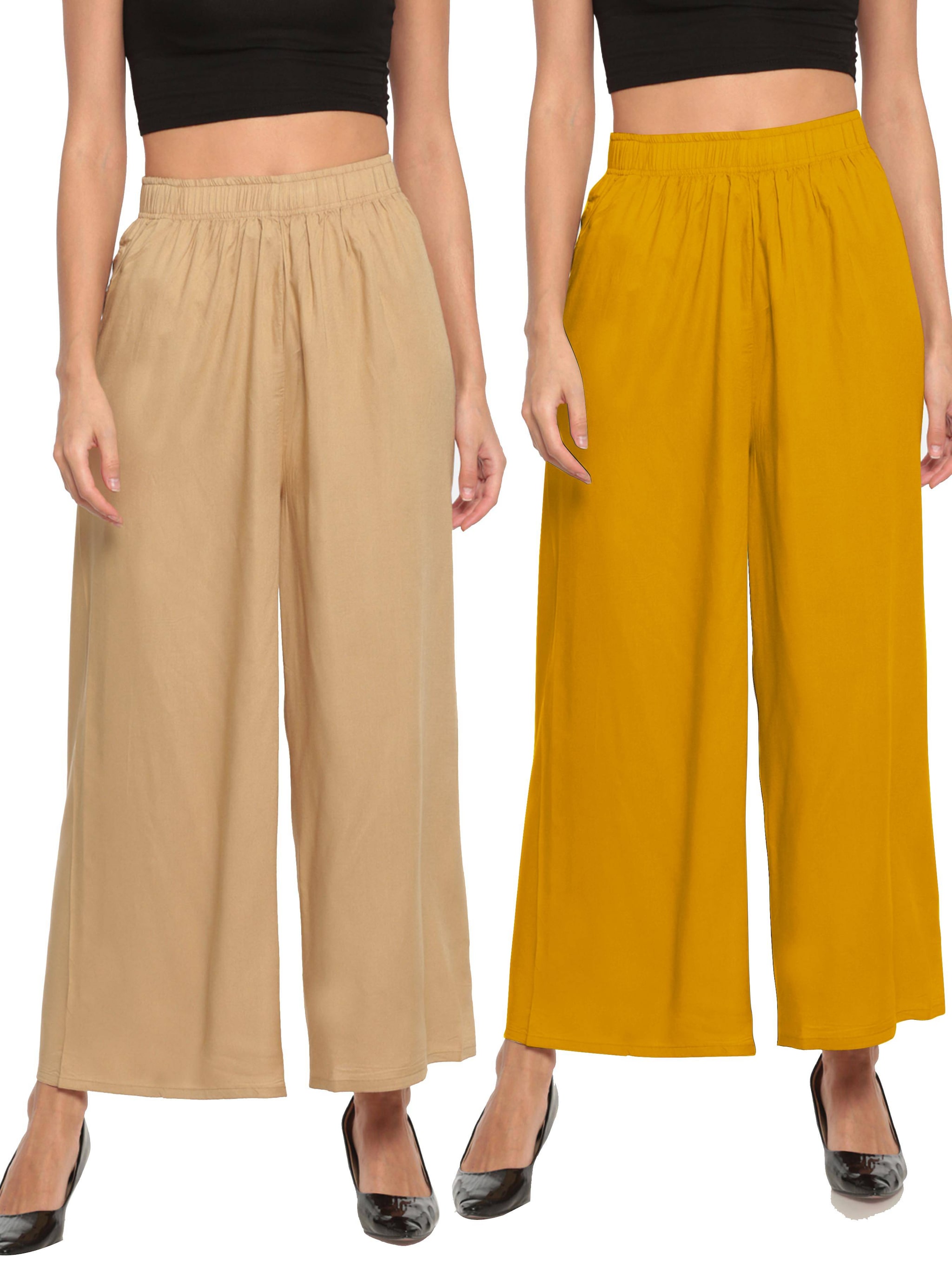 

THE MOON IMPEX Cream Yellow Solid Flared Palazzo