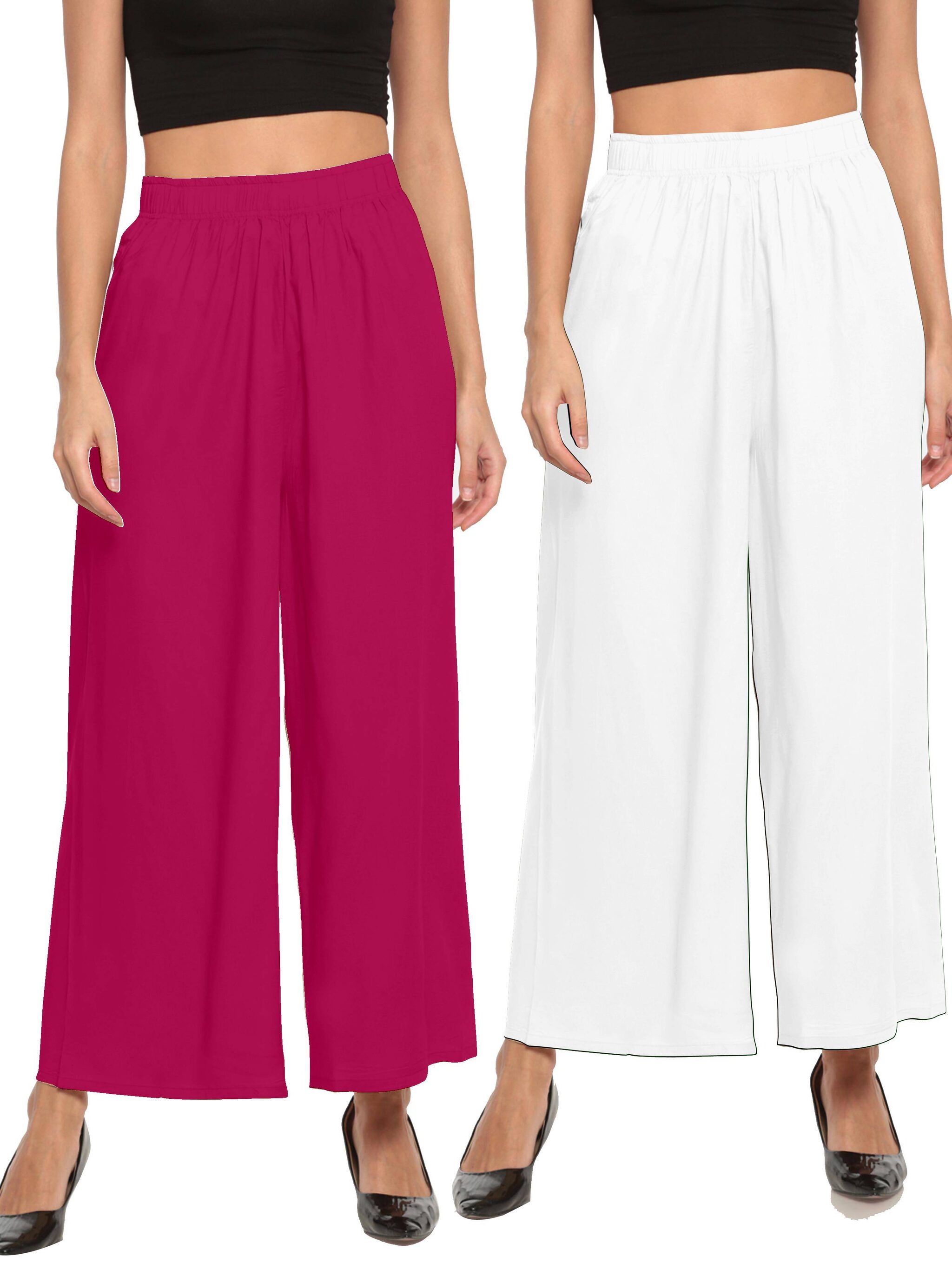 

THE MOON IMPEX Pink White Solid Flared Palazzo