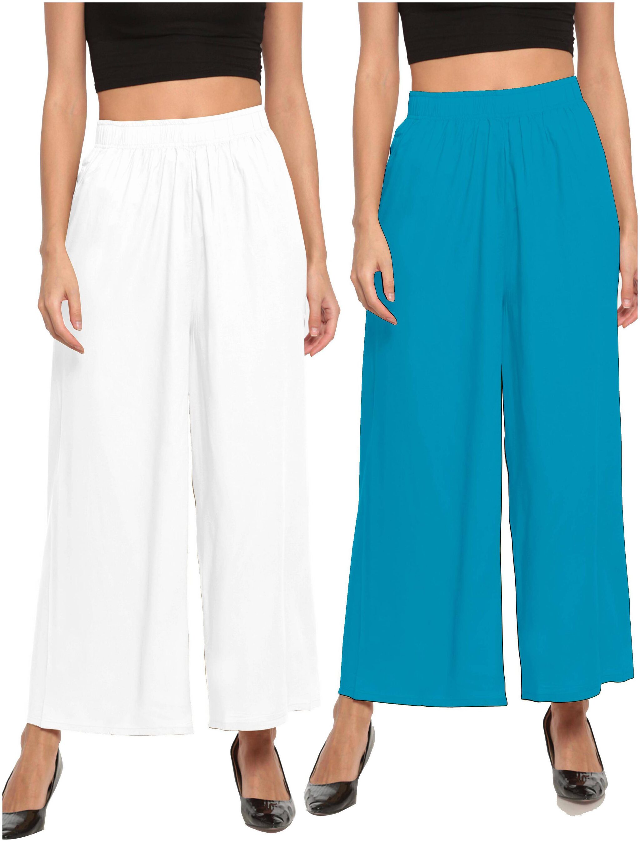 

THE MOON IMPEX White Blue Solid Flared Palazzo