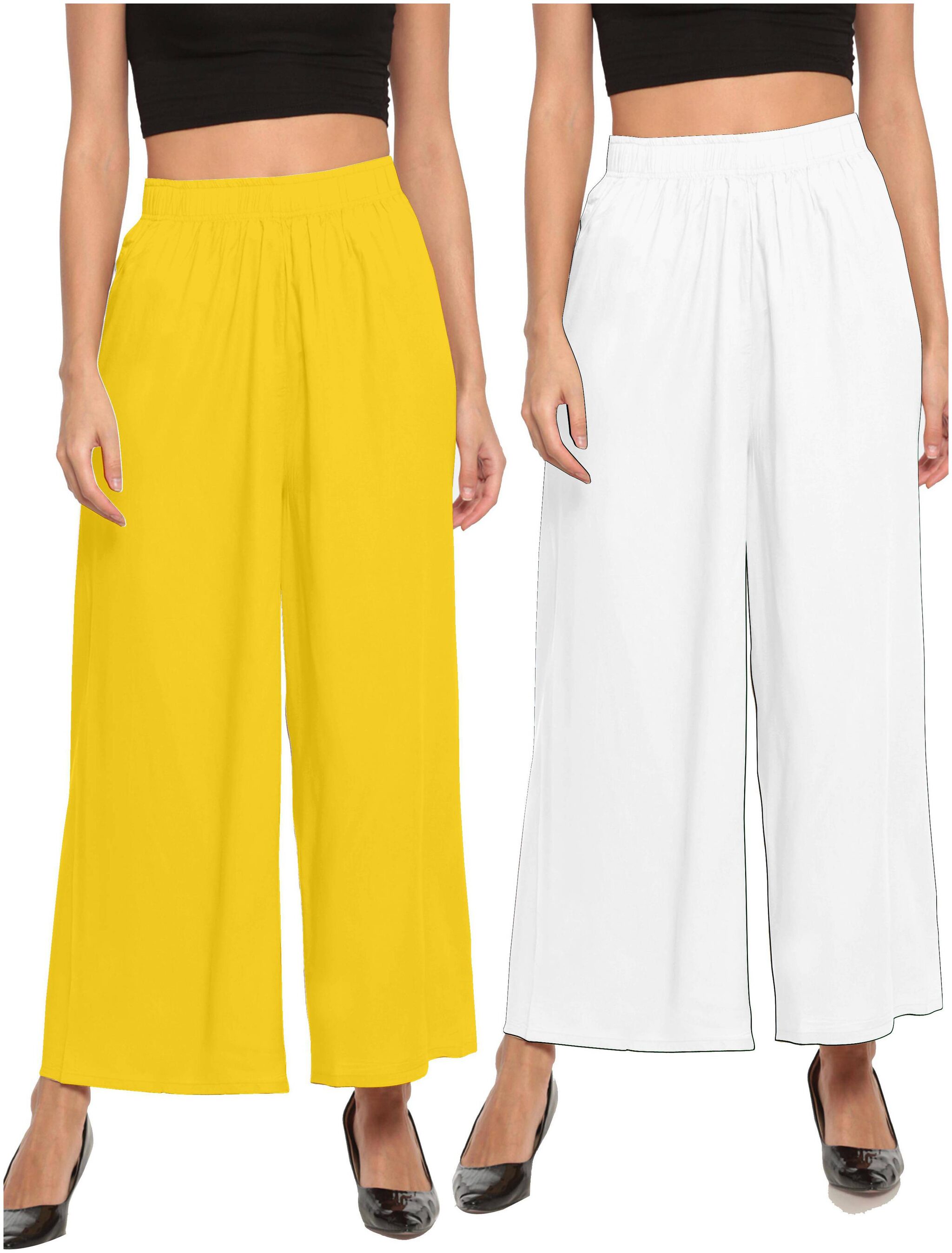 

THE MOON IMPEX Yellow White Solid Flared Palazzo