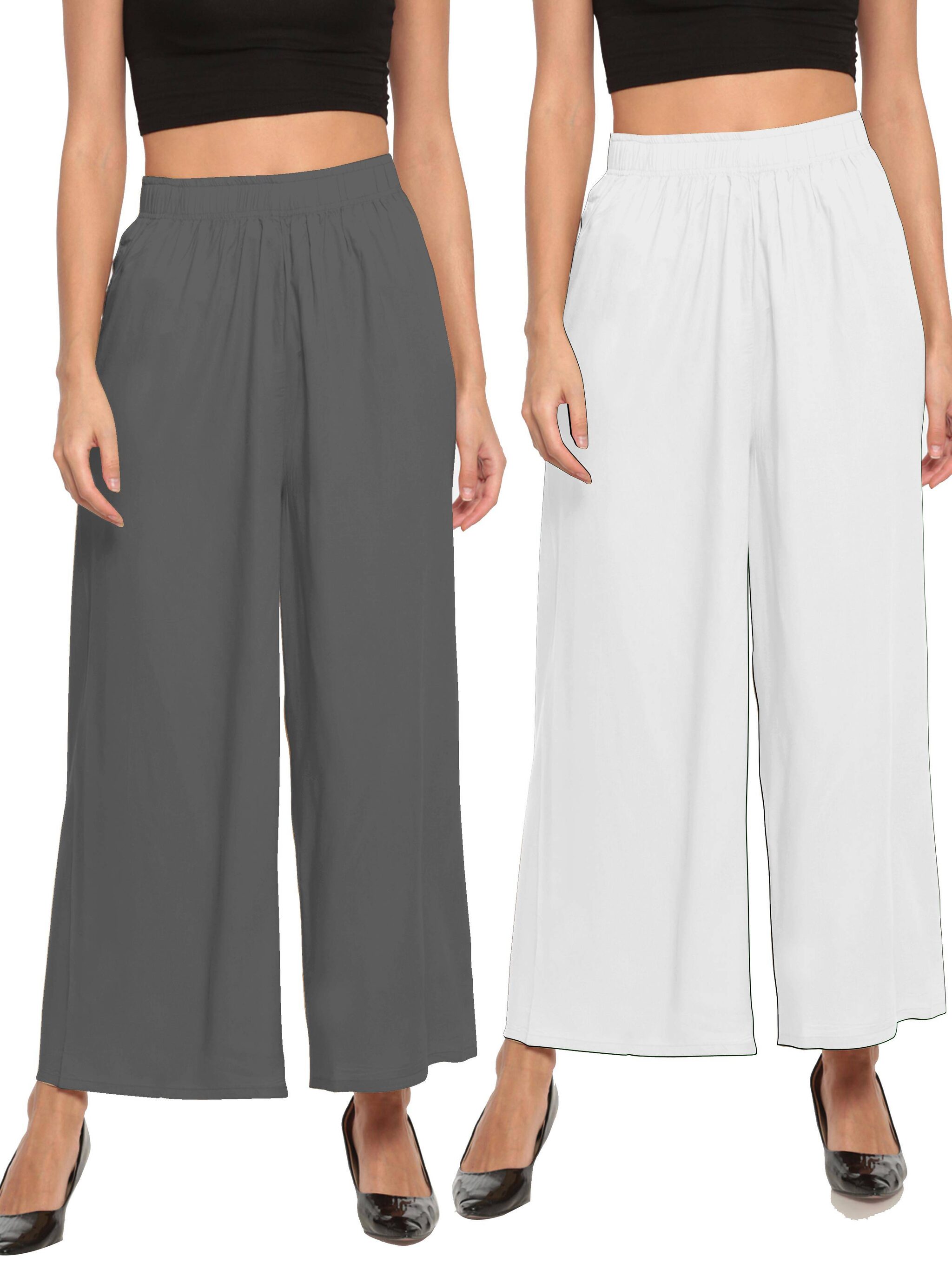

THE MOON IMPEX Grey White Solid Flared Palazzo