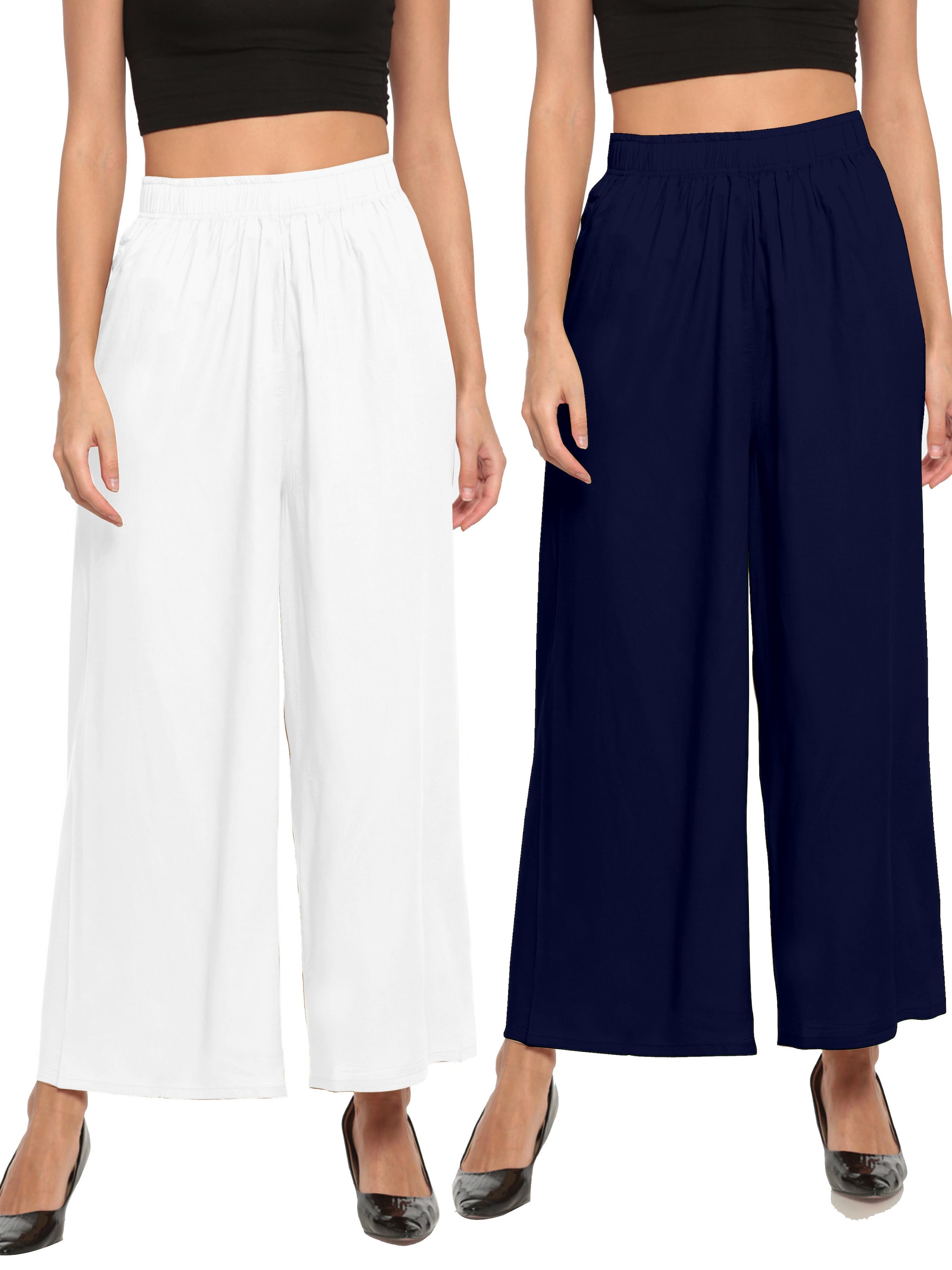 

THE MOON IMPEX White Blue Solid Flared Palazzo