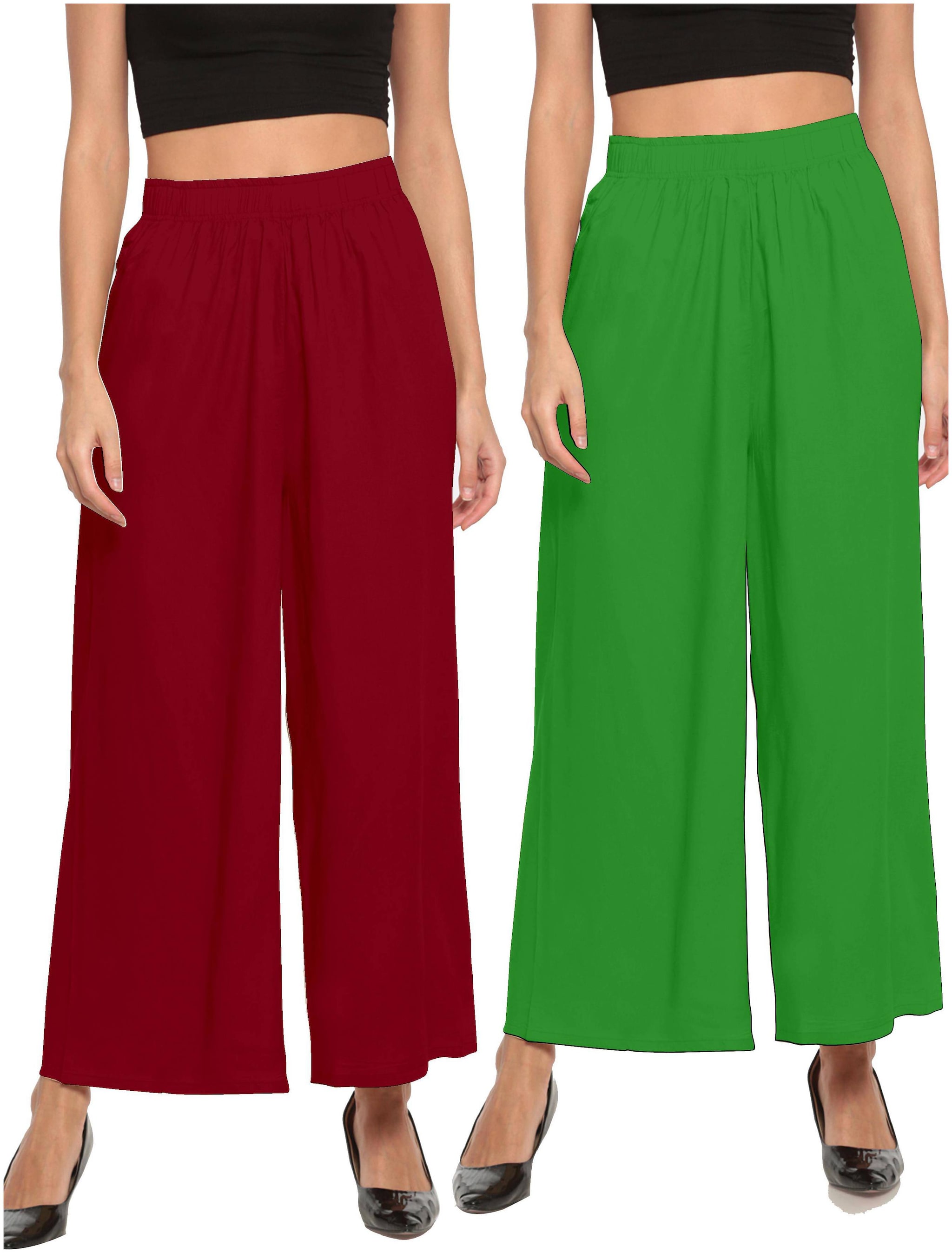 

THE MOON IMPEX Maroon Green Solid Flared Palazzo