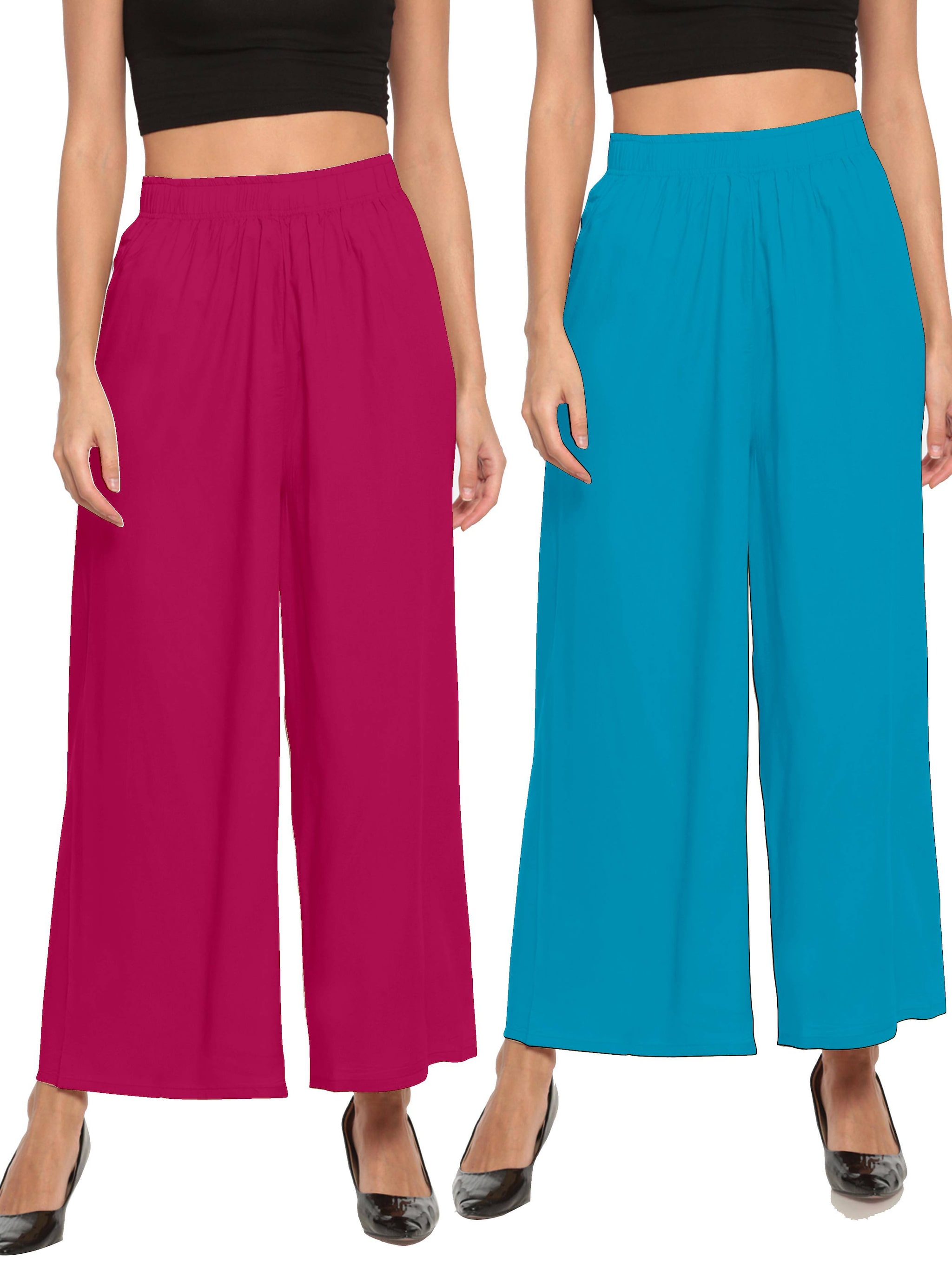 

THE MOON IMPEX Pink Blue Solid Flared Palazzo