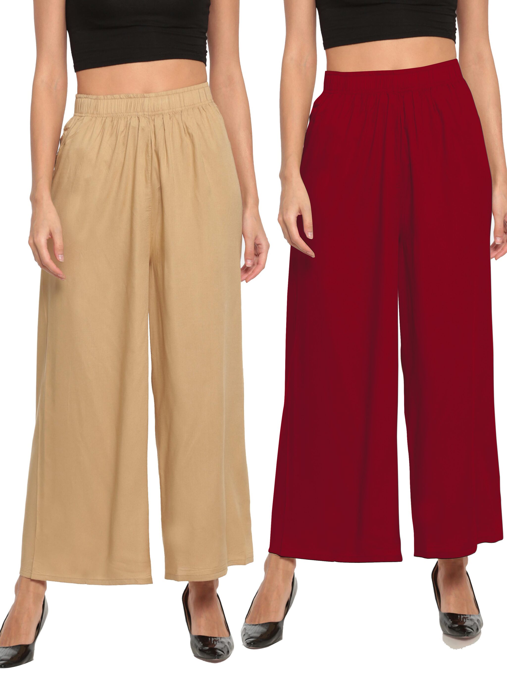 

THE MOON IMPEX Cream Red Solid Flared Palazzo
