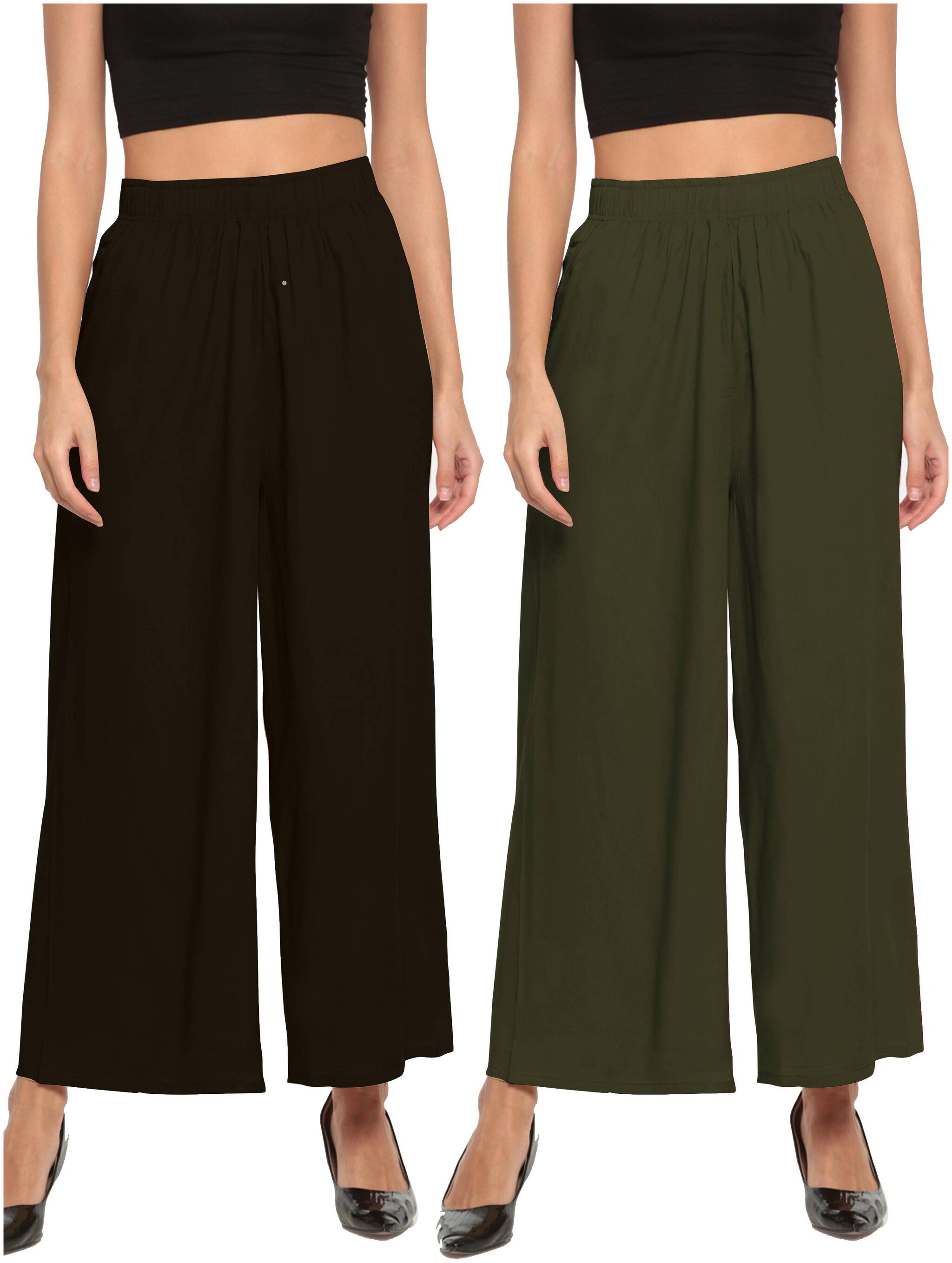 

THE MOON IMPEX Black Green Solid Flared Palazzo