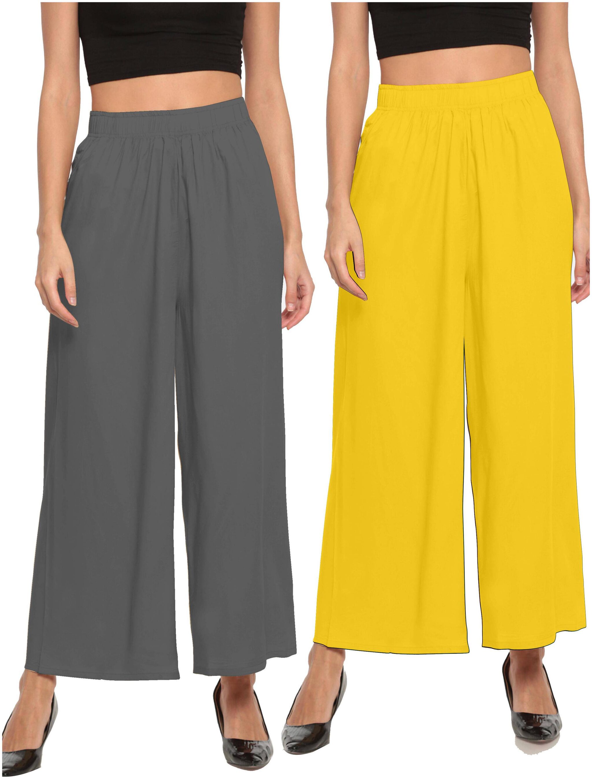 

THE MOON IMPEX Grey Yellow Solid Flared Palazzo