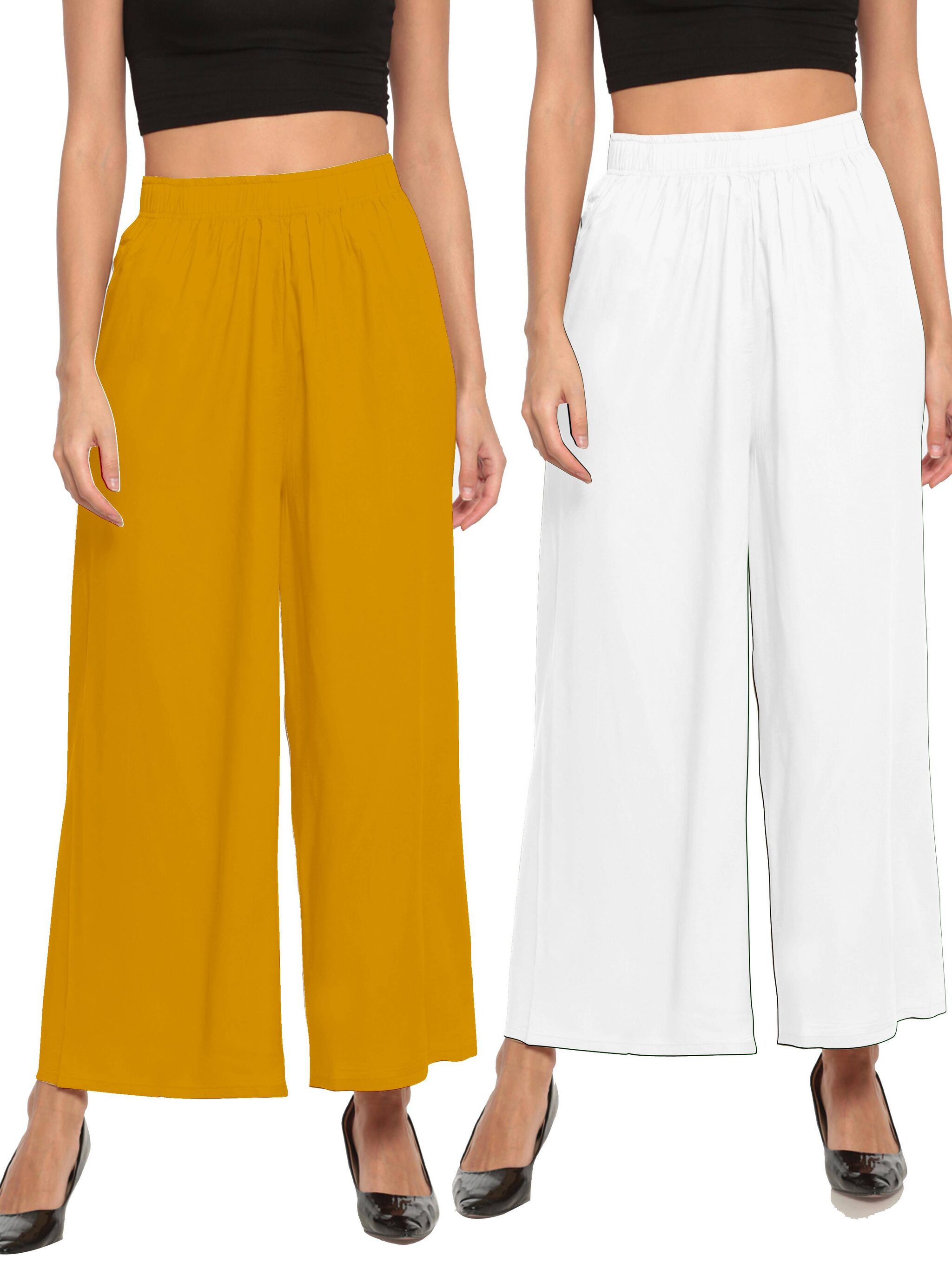

THE MOON IMPEX Yellow White Solid Flared Palazzo