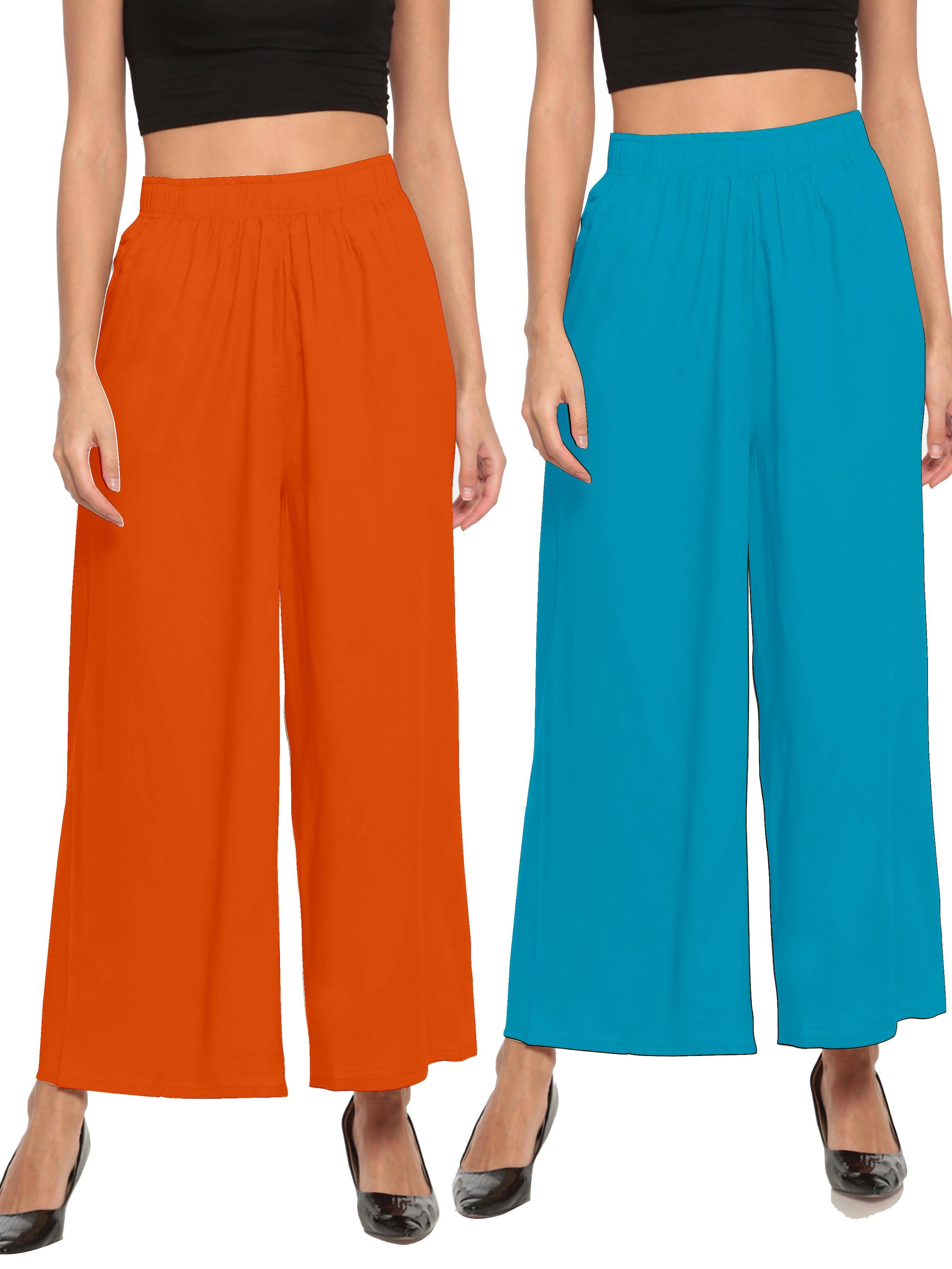 

THE MOON IMPEX Orange Blue Solid Flared Palazzo
