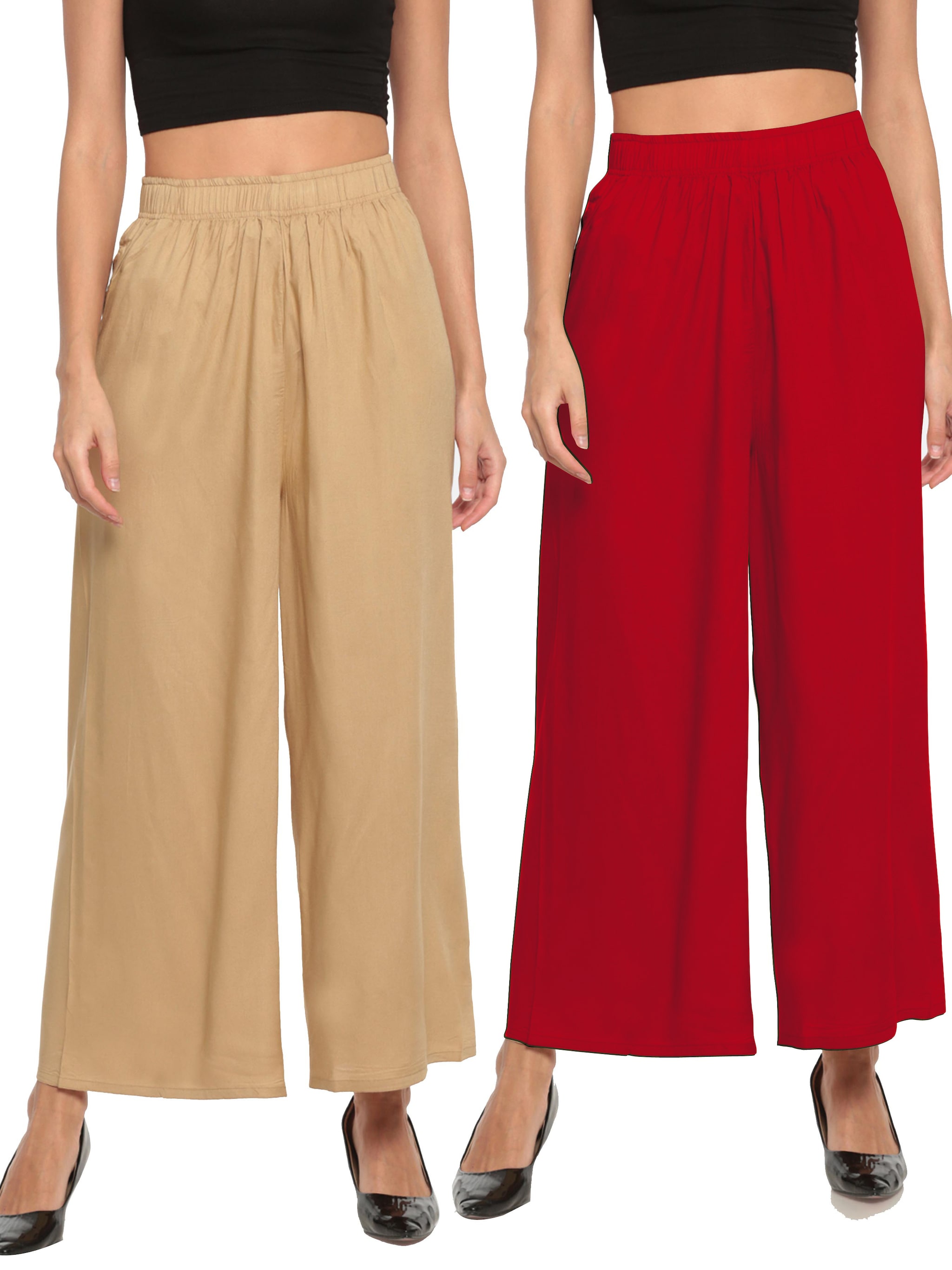 

THE MOON IMPEX Cream Red Solid Flared Palazzo