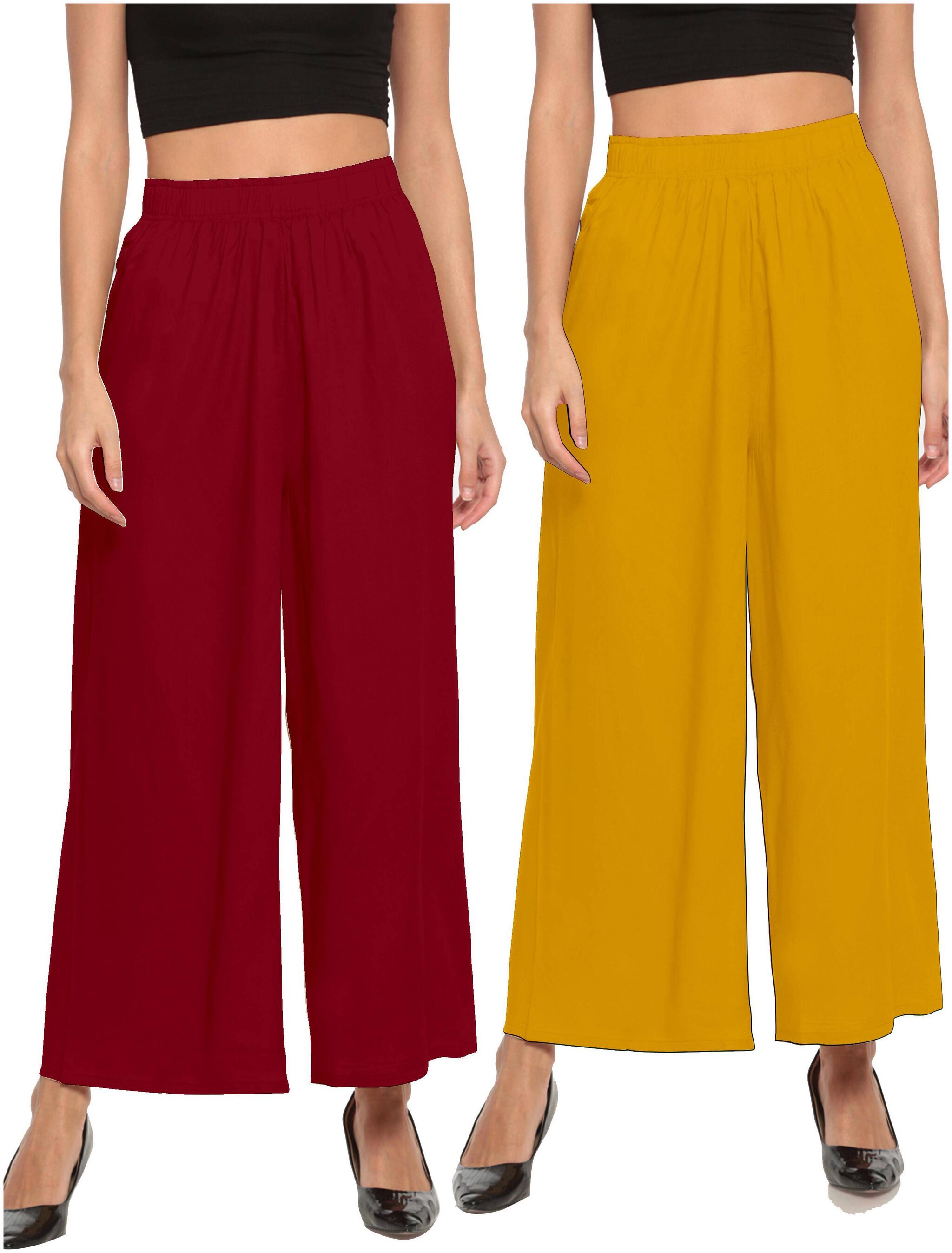 

THE MOON IMPEX Maroon Yellow Solid Flared Palazzo