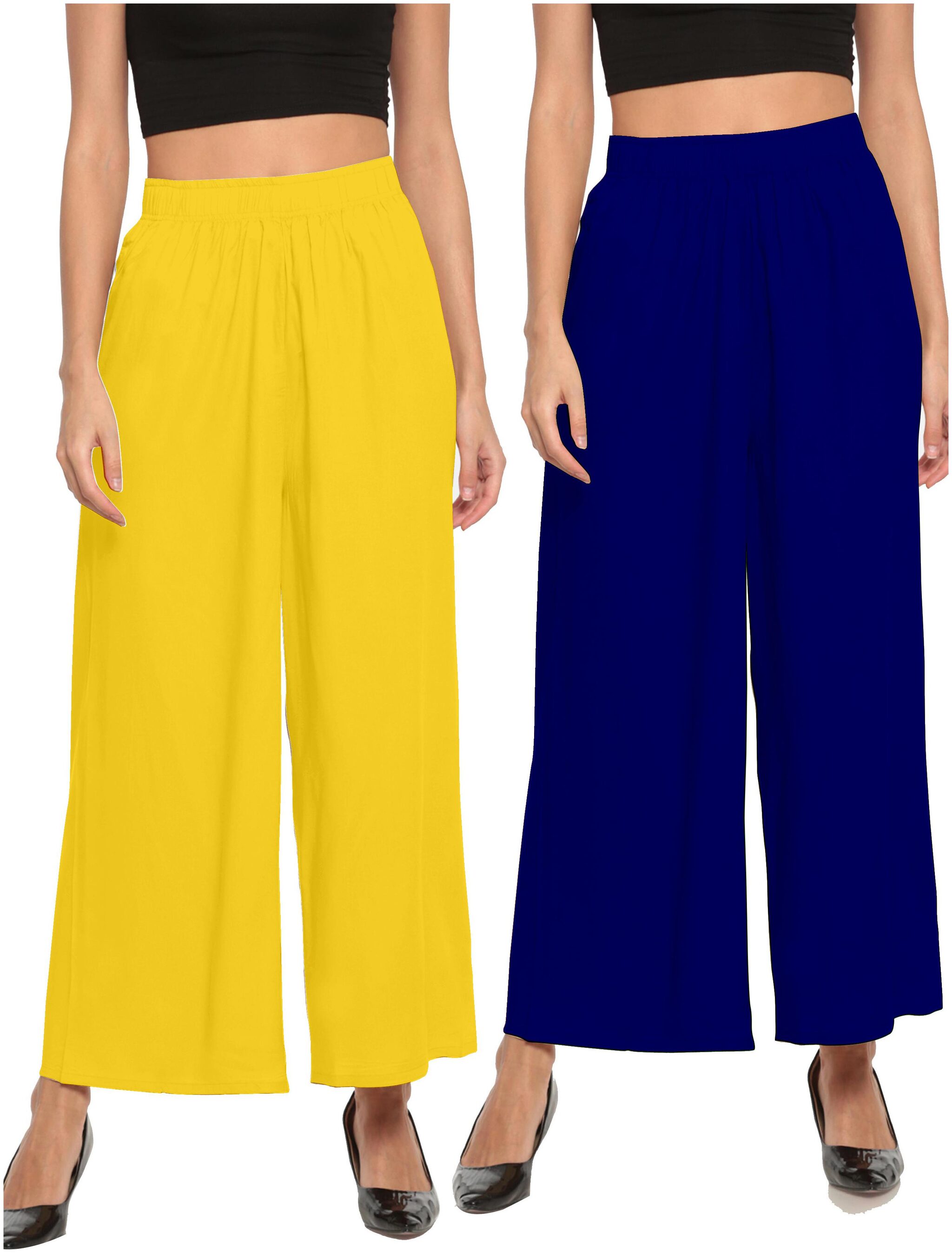 

THE MOON IMPEX Yellow Blue Solid Flared Palazzo
