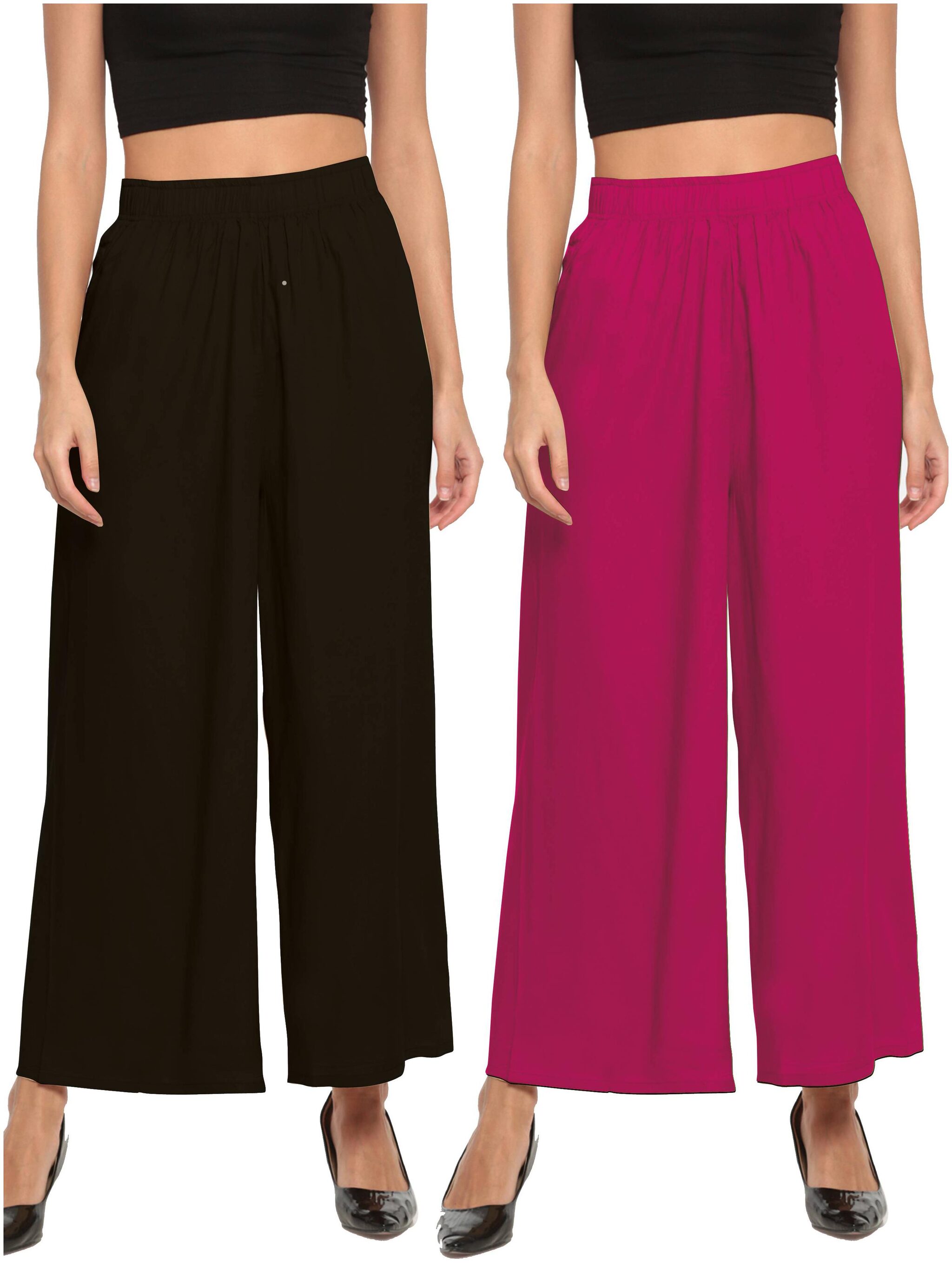 

THE MOON IMPEX Black Pink Solid Flared Palazzo