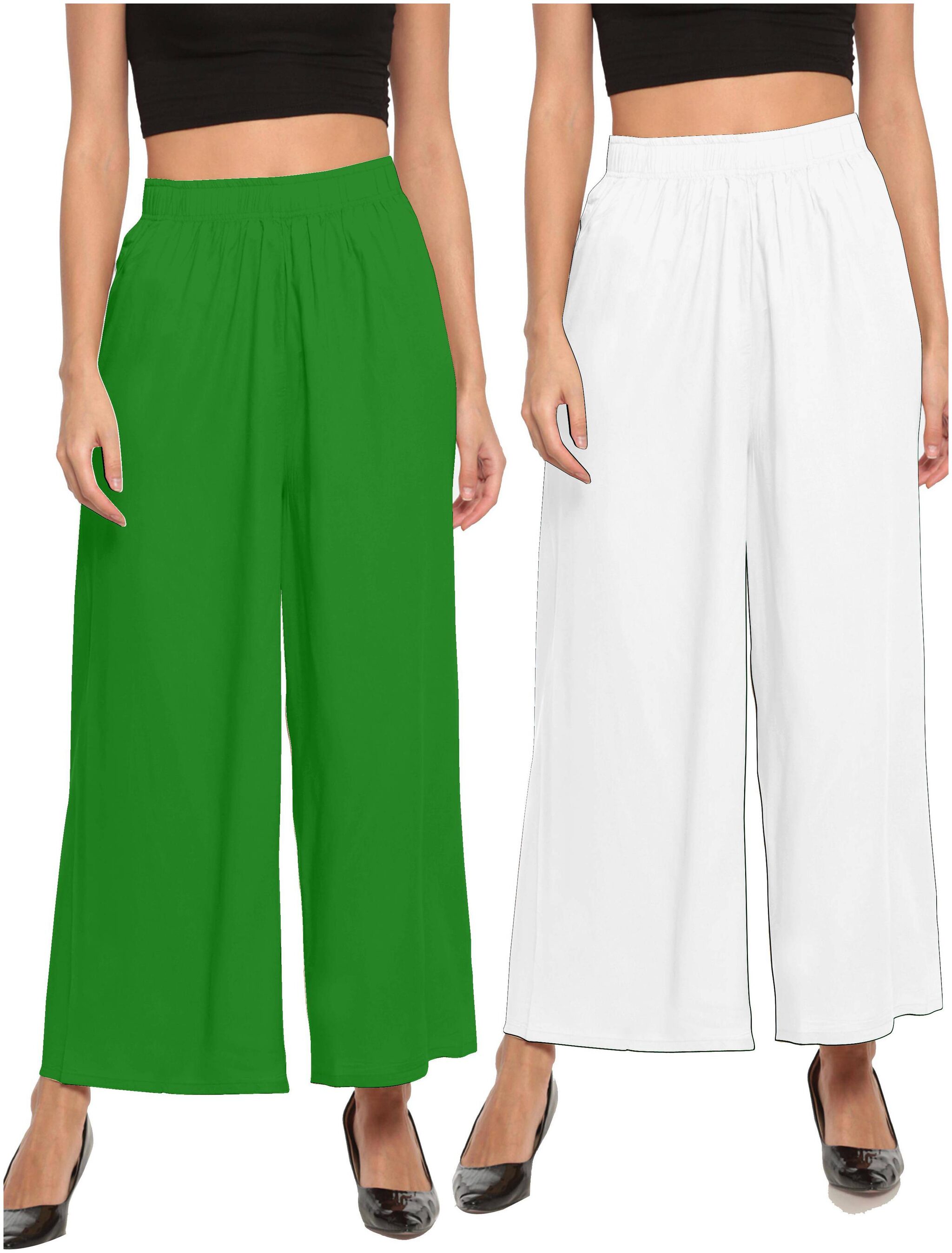 

THE MOON IMPEX Green White Solid Flared Palazzo
