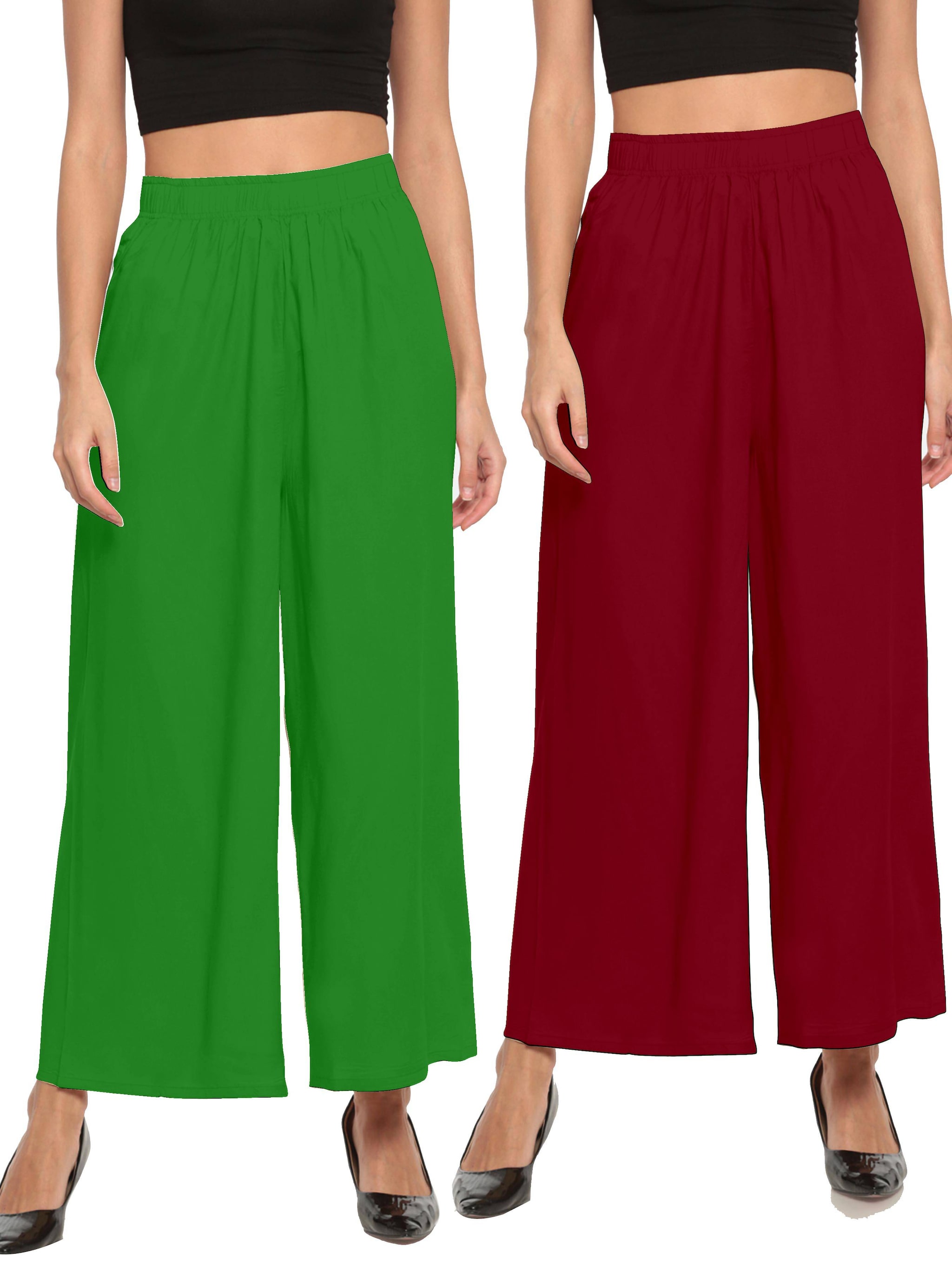 

THE MOON IMPEX Green Maroon Solid Flared Palazzo