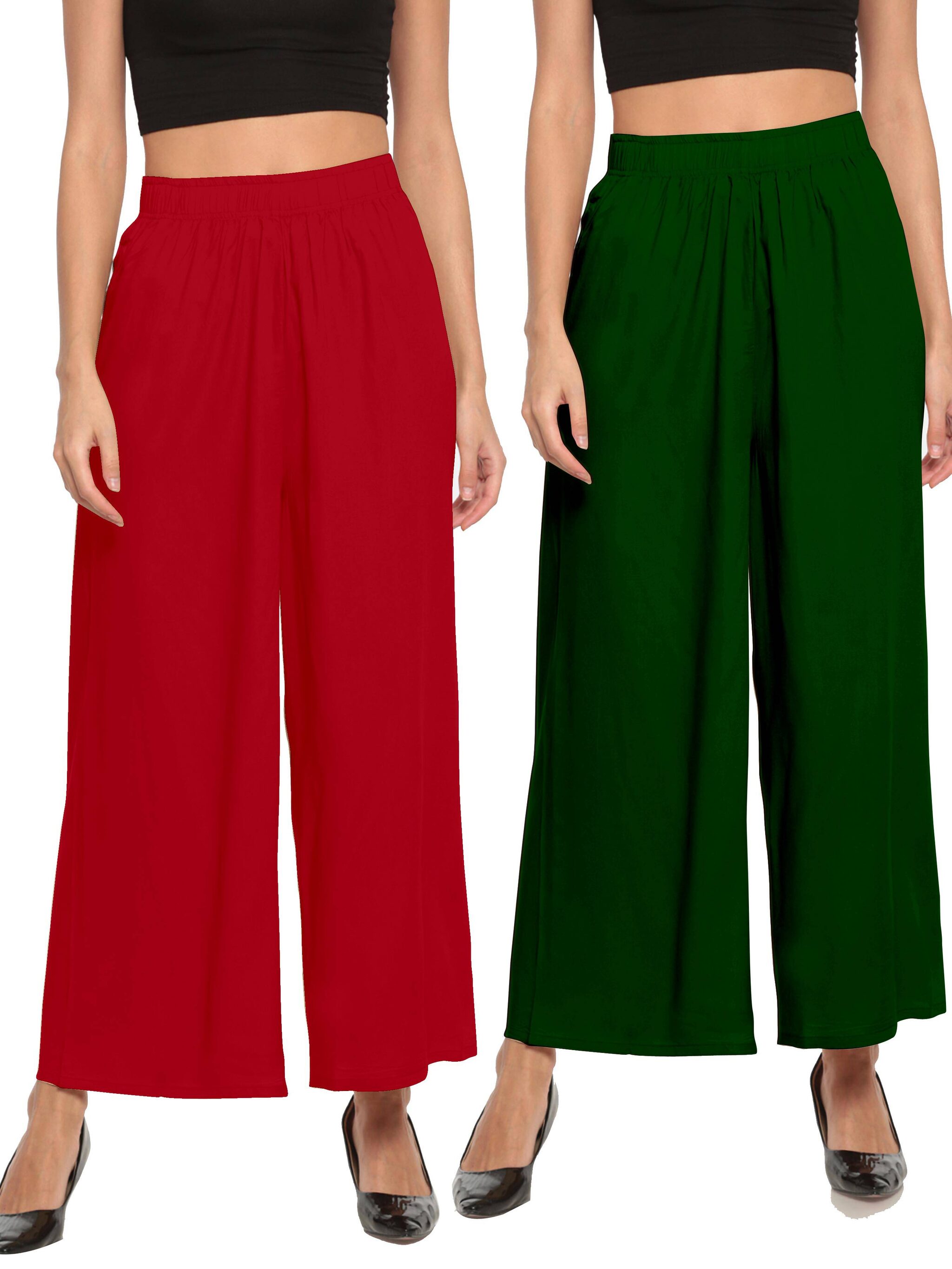 

THE MOON IMPEX Red Green Solid Flared Palazzo