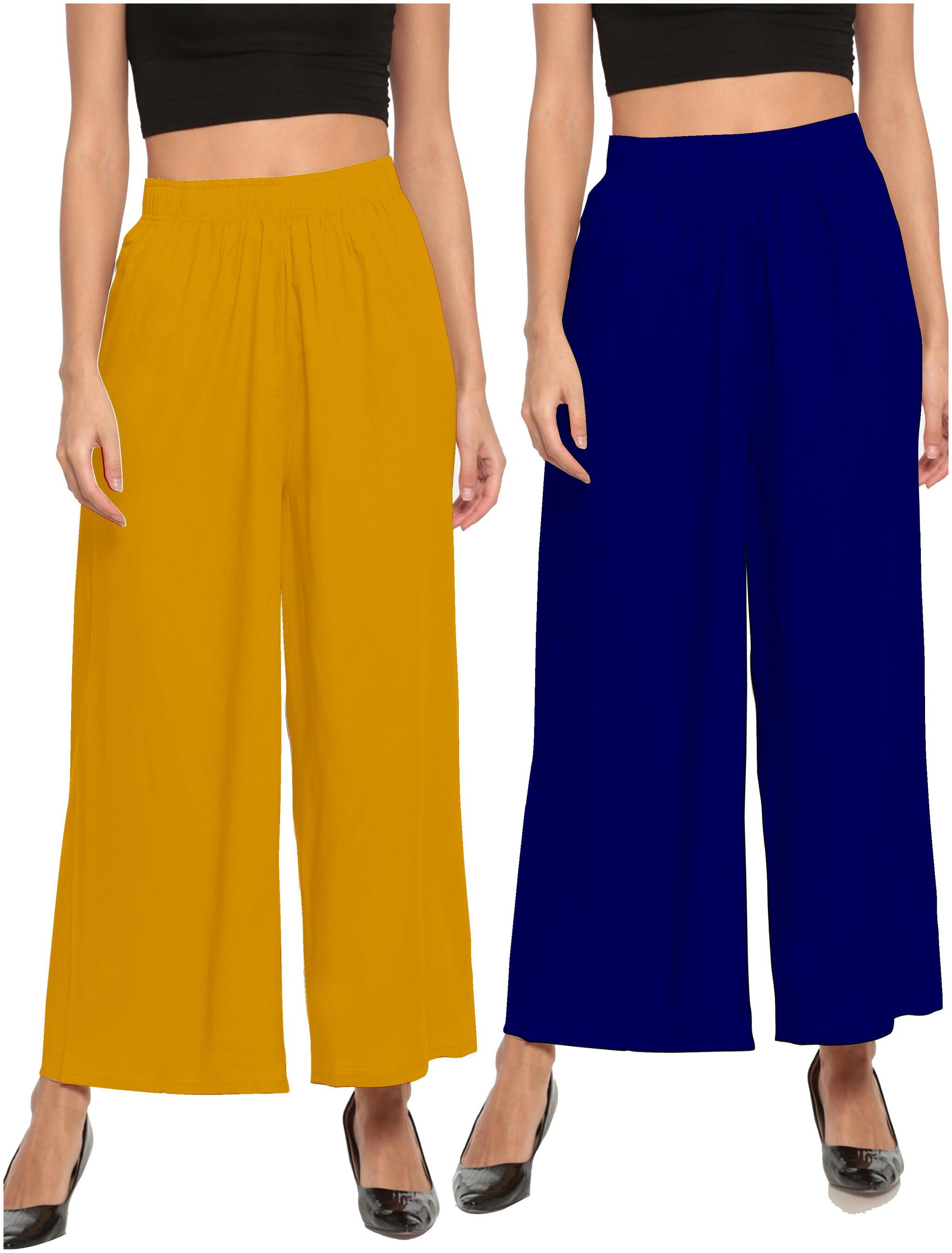 

THE MOON IMPEX Yellow Blue Solid Flared Palazzo