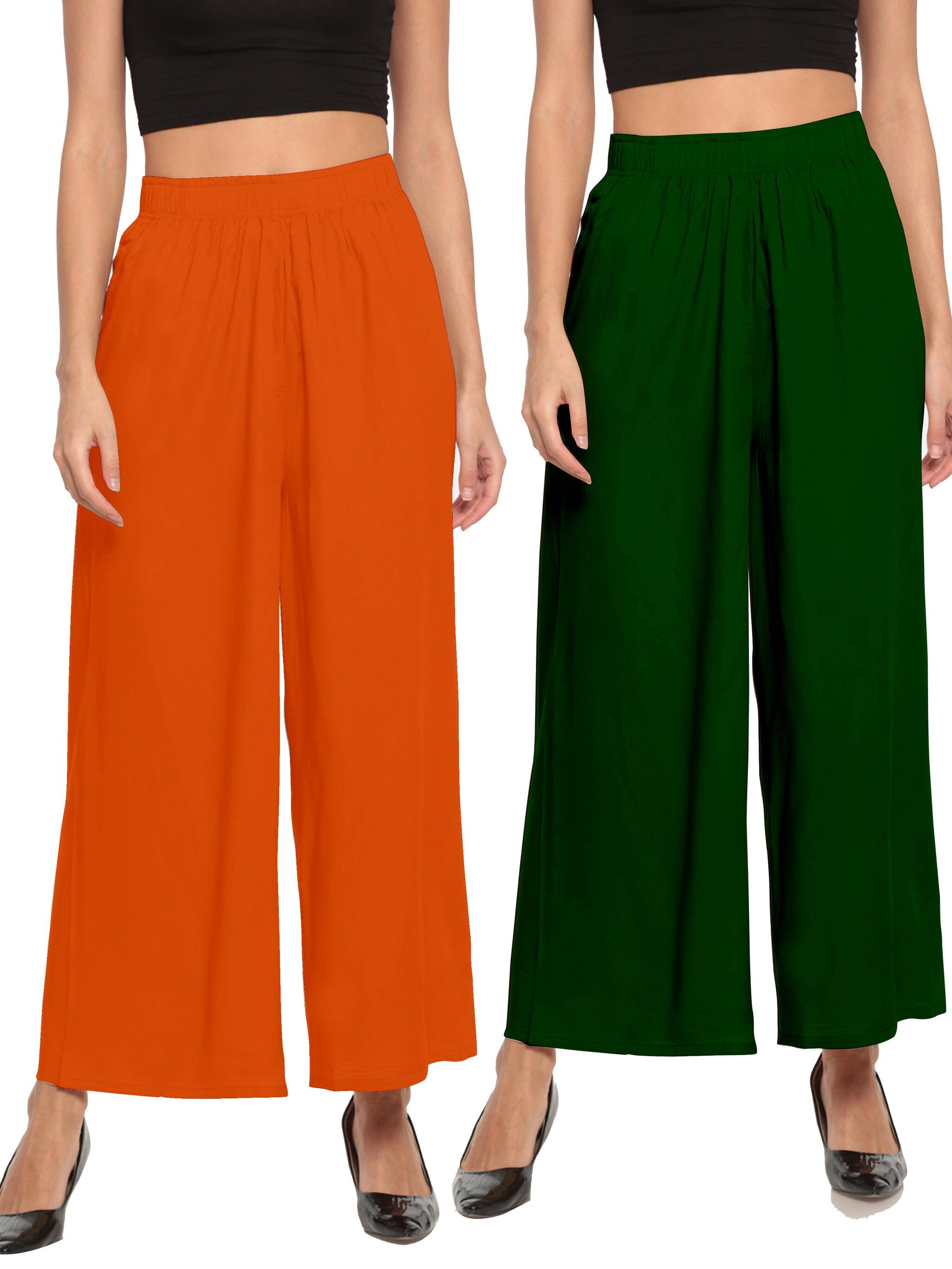 

THE MOON IMPEX Orange Green Solid Flared Palazzo