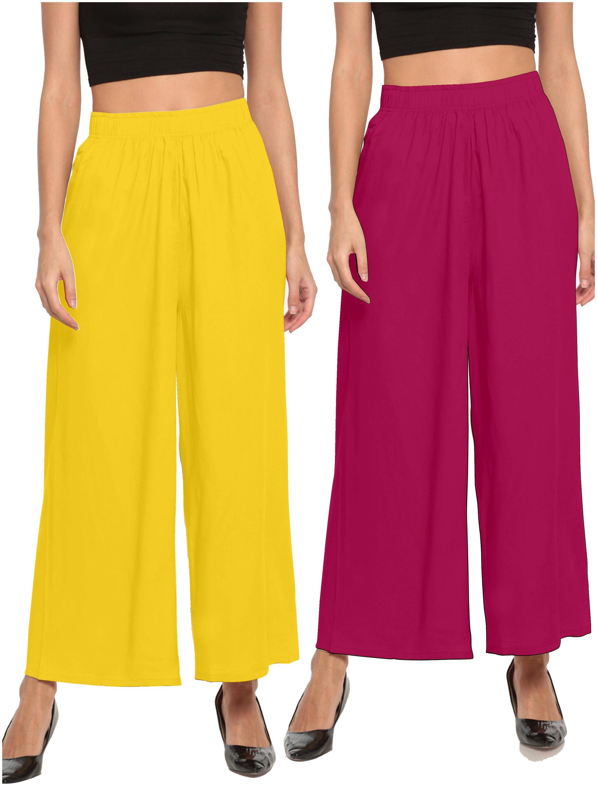 

THE MOON IMPEX Yellow Pink Solid Flared Palazzo