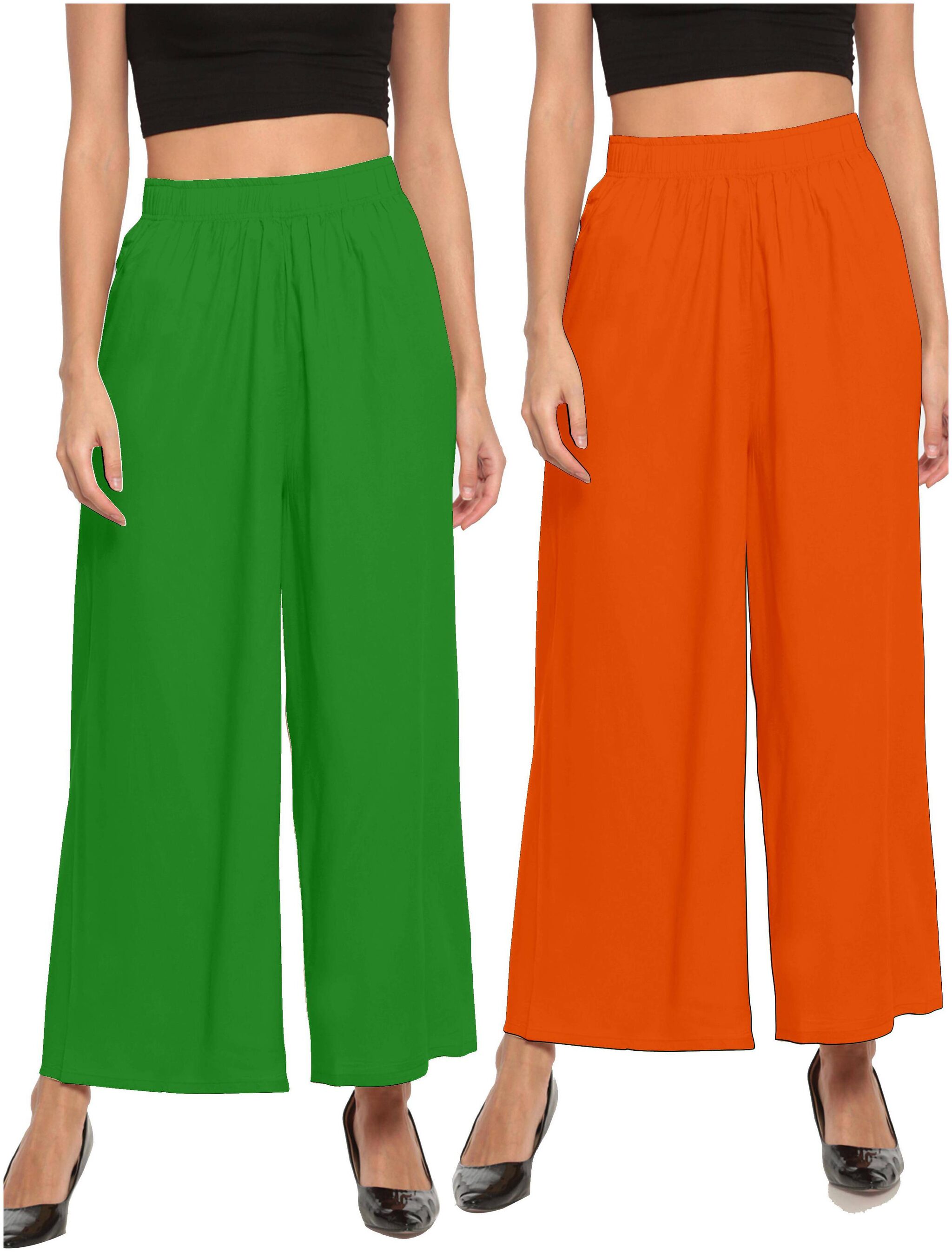 

THE MOON IMPEX Green Orange Solid Flared Palazzo