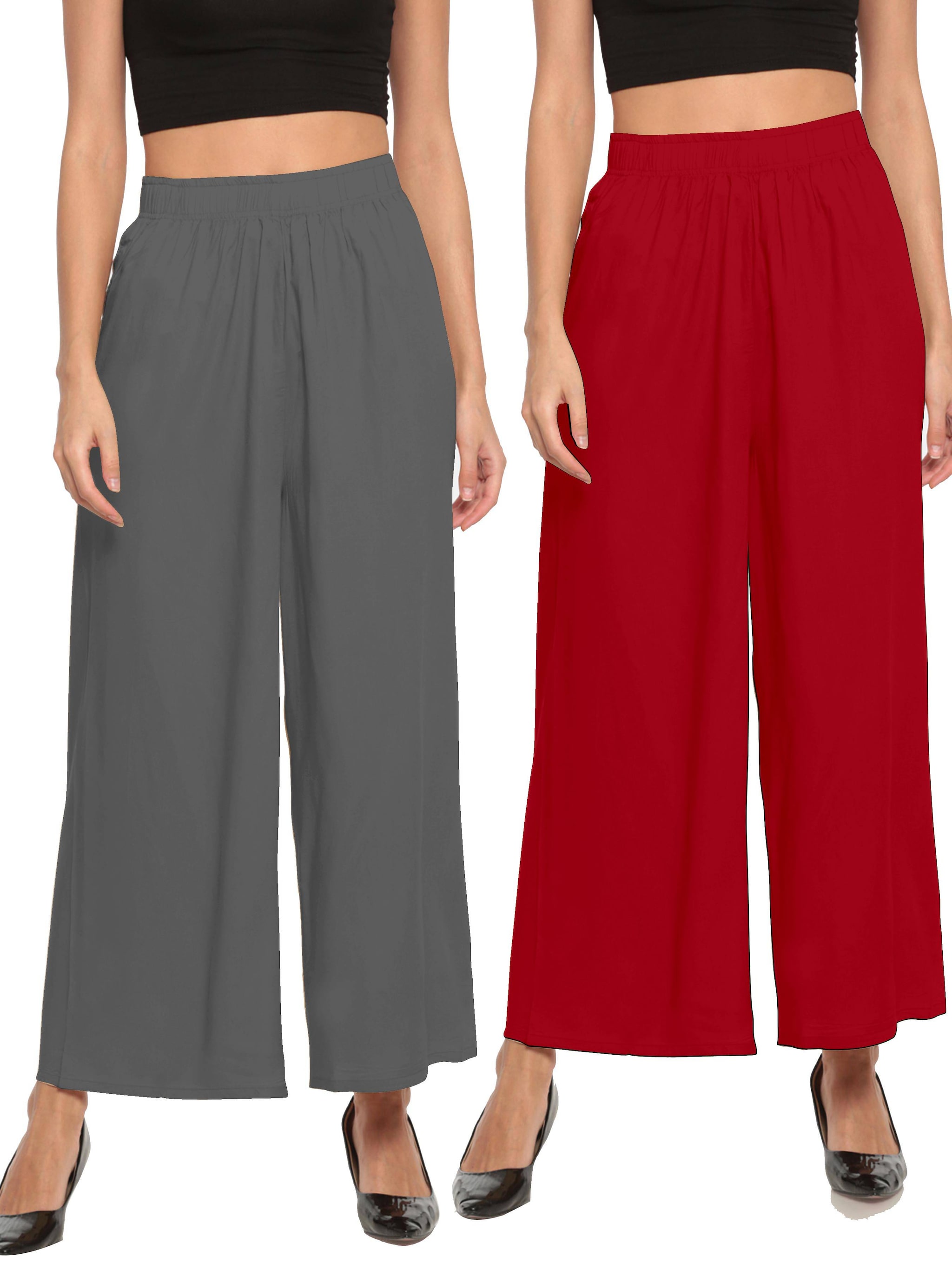 

THE MOON IMPEX Grey Red Solid Flared Palazzo
