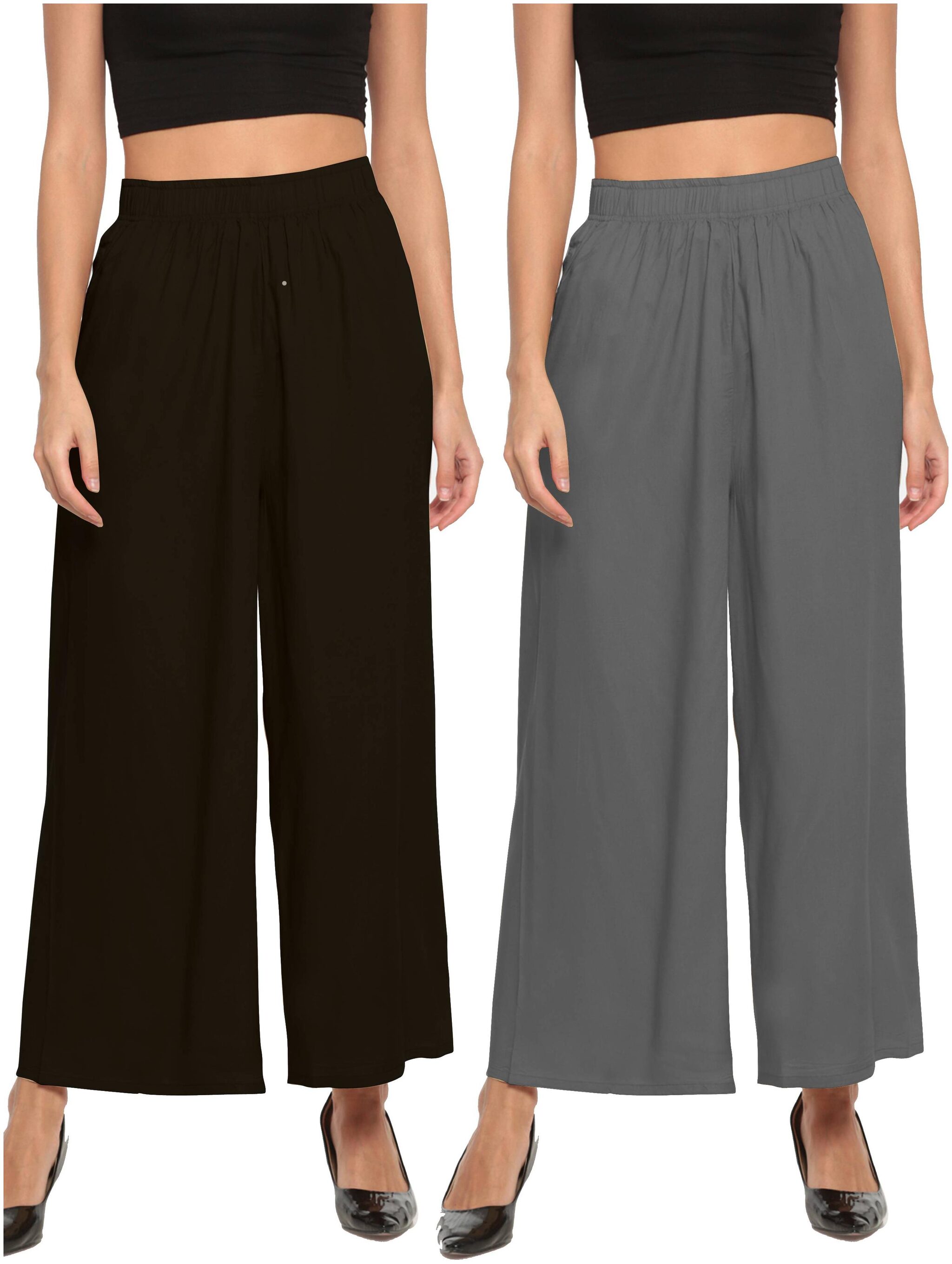 

THE MOON IMPEX Black Grey Solid Flared Palazzo