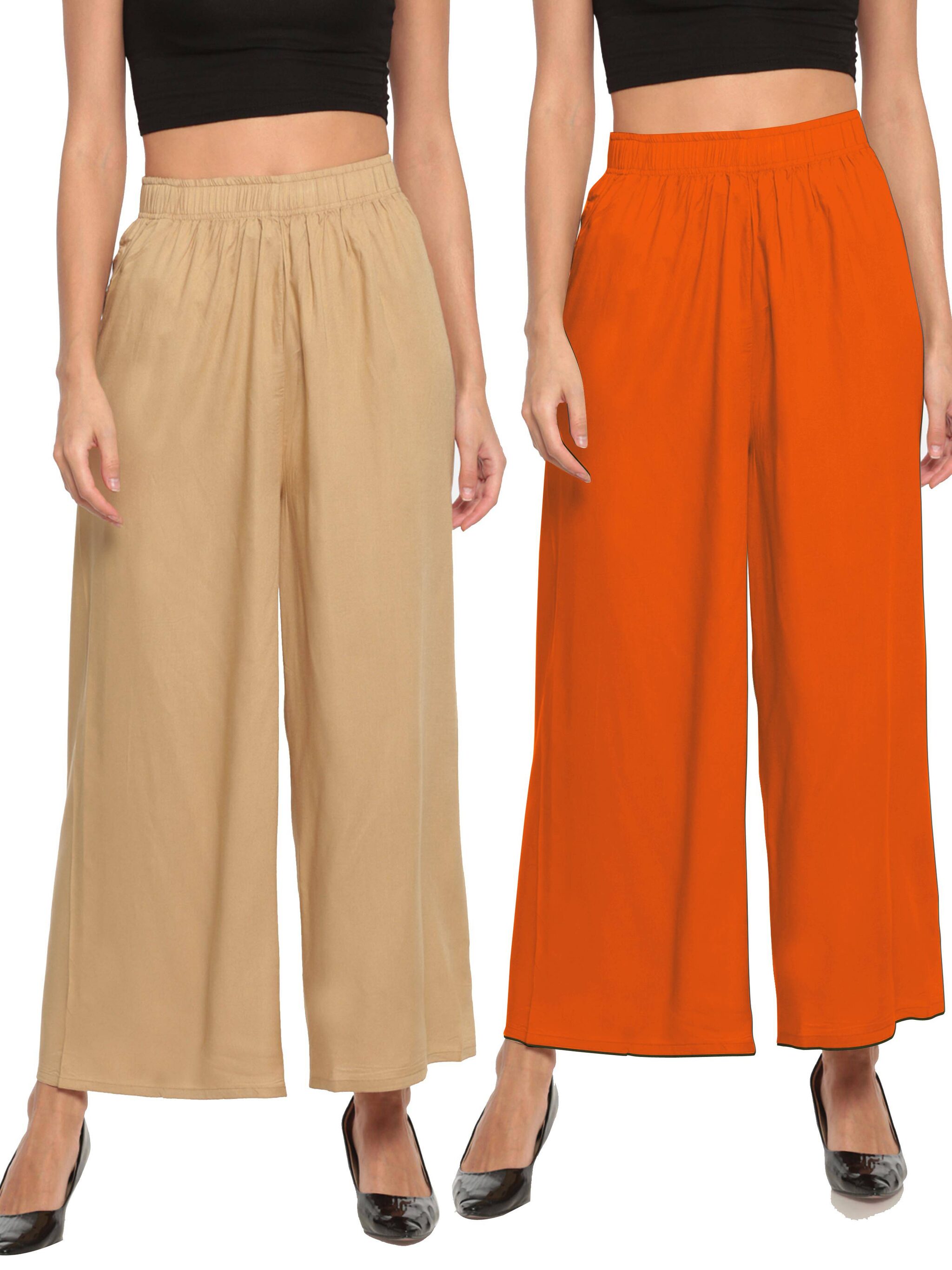 

THE MOON IMPEX Cream Orange Solid Flared Palazzo