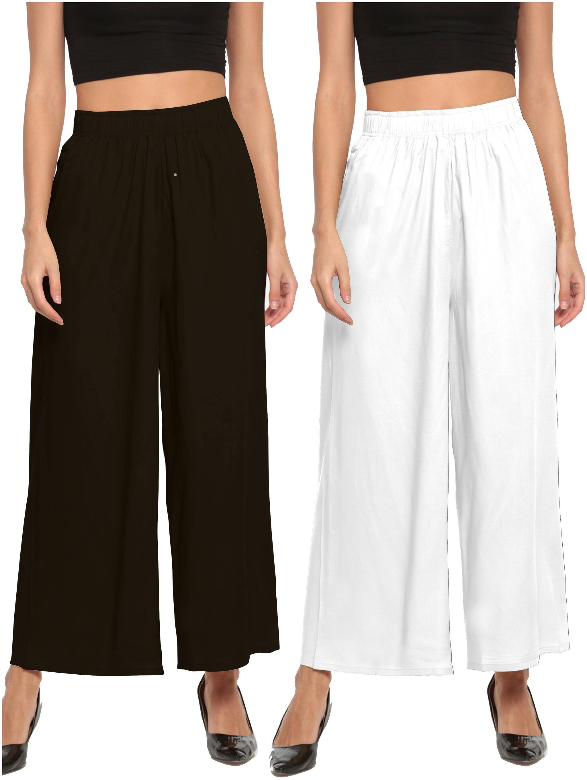 

THE MOON IMPEX Black White Solid Flared Palazzo
