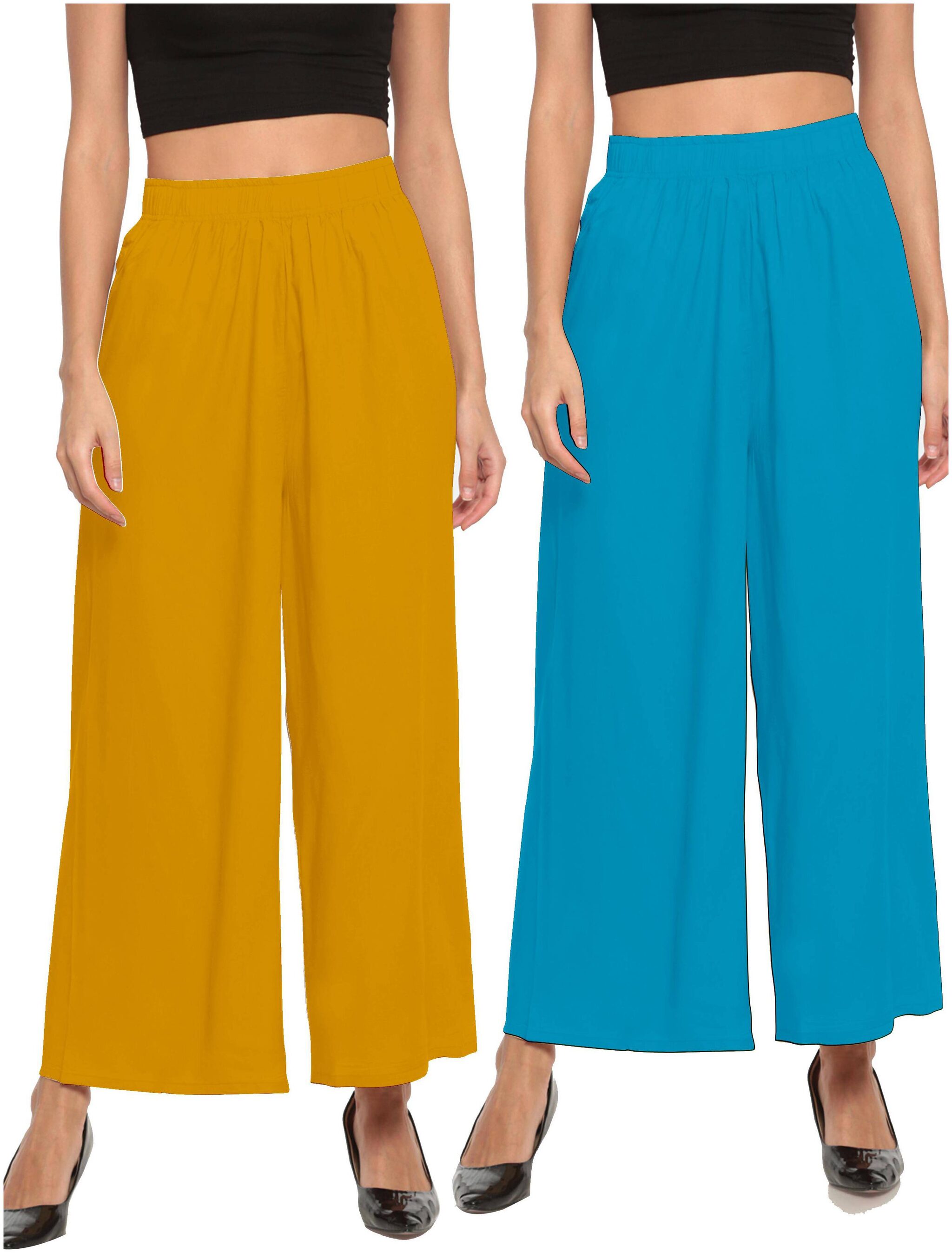 

THE MOON IMPEX Yellow Blue Solid Flared Palazzo