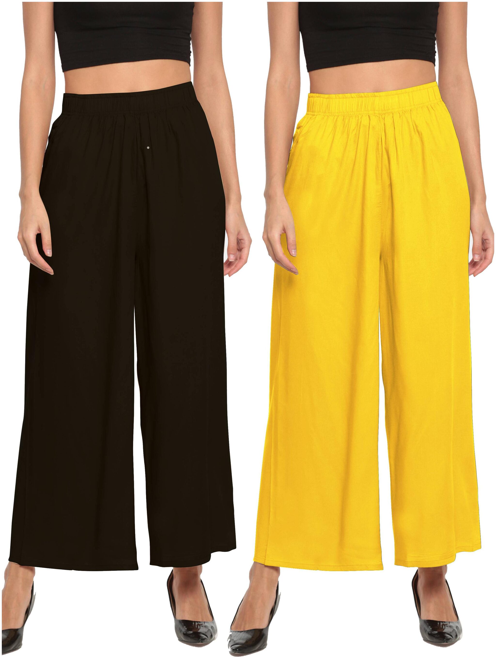 

THE MOON IMPEX Black Yellow Solid Flared Palazzo