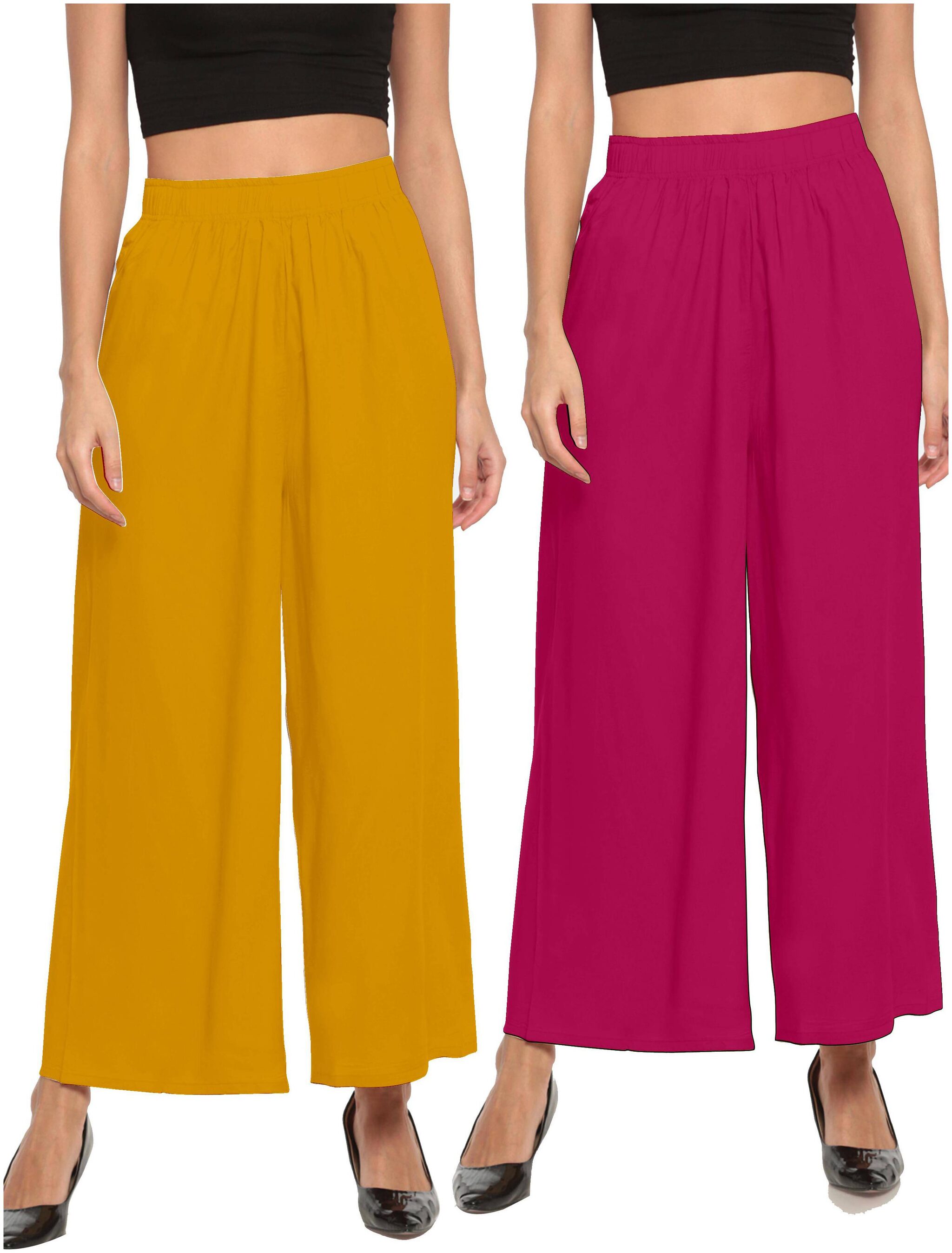 

THE MOON IMPEX Yellow Pink Solid Flared Palazzo