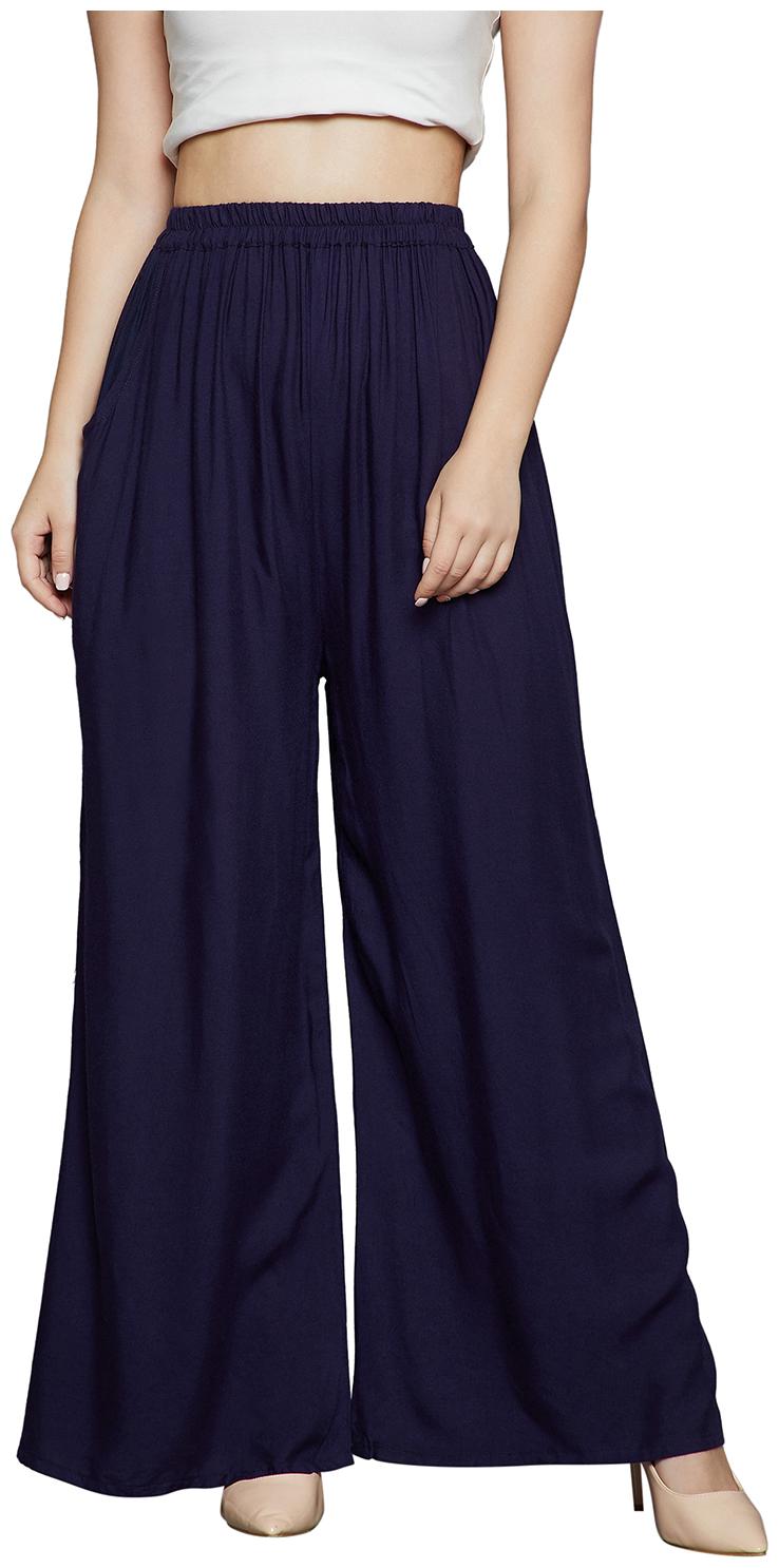 

The Pajama Factory Navy Blue Solid Flared Palazzo