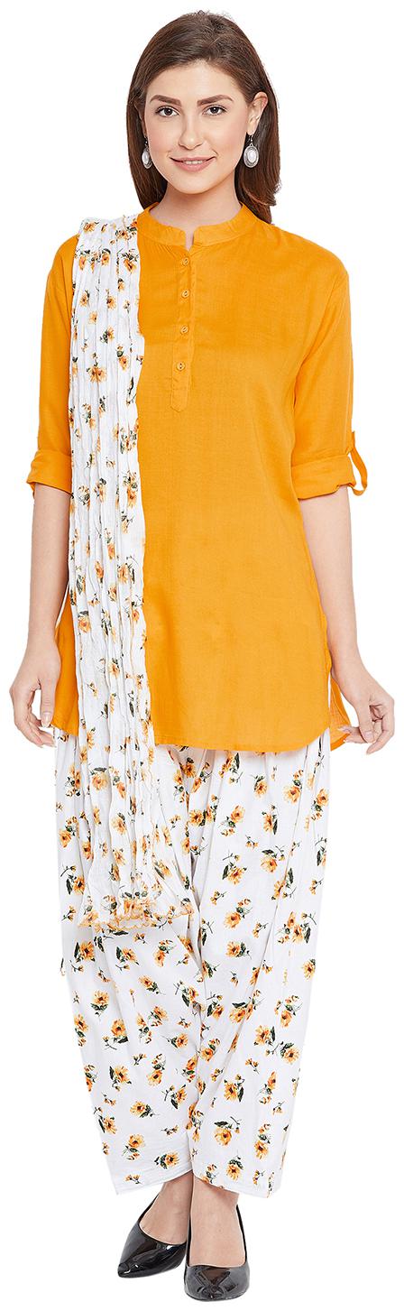 

The Pajama Factory Women Yellow Solid Regular Kurti With Patiala And Dupatta