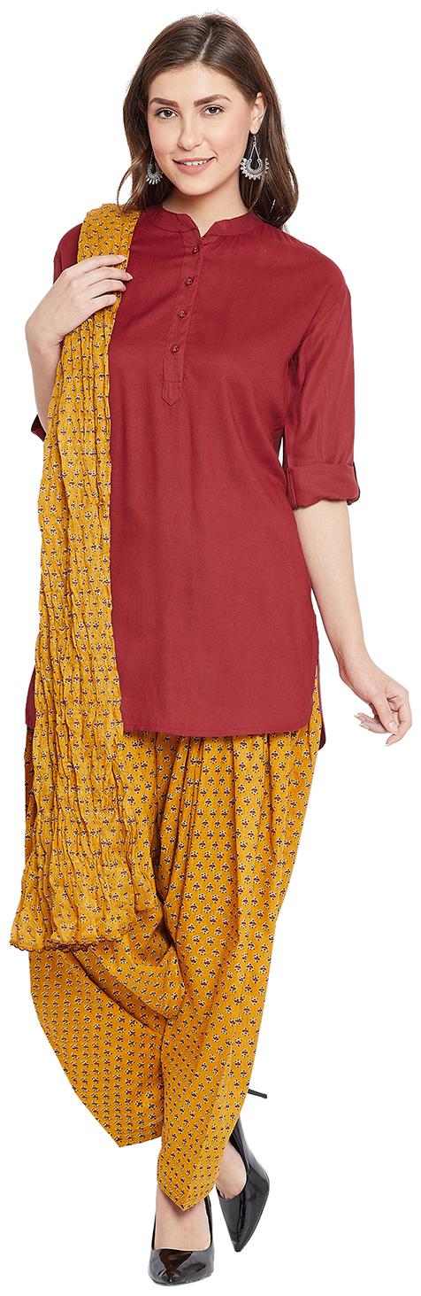 

The Pajama Factory Women Maroon Solid Regular Kurti With Patiala And Dupatta