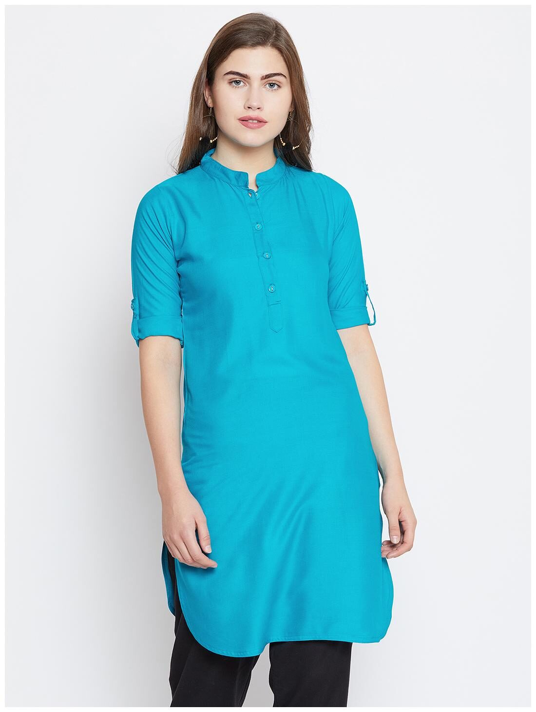 

The Pajama Factory Women Turquoise Solid Regular Kurti