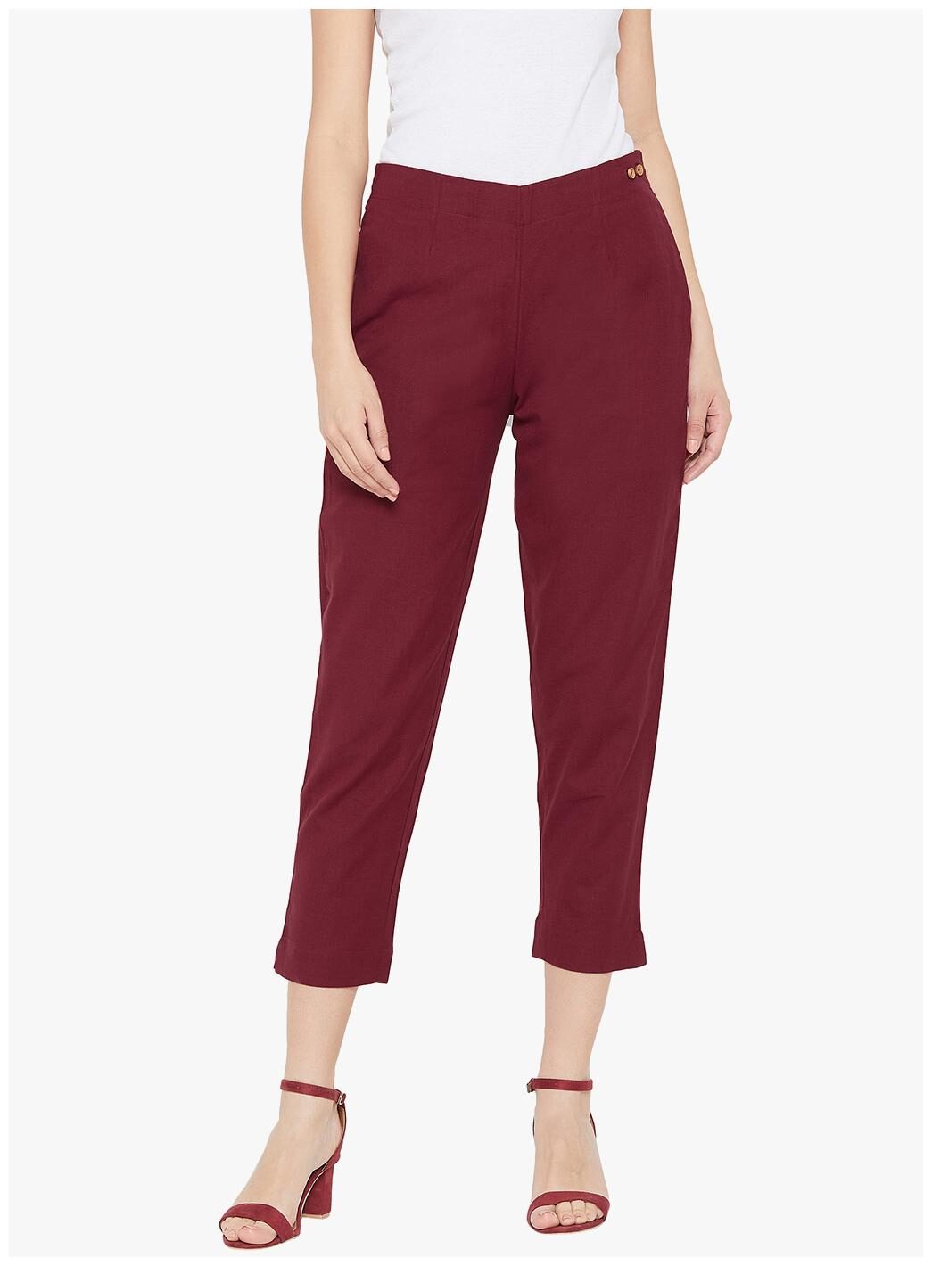 

The Pajama Factory Women Maroon Cotton Solid Trousers Pants