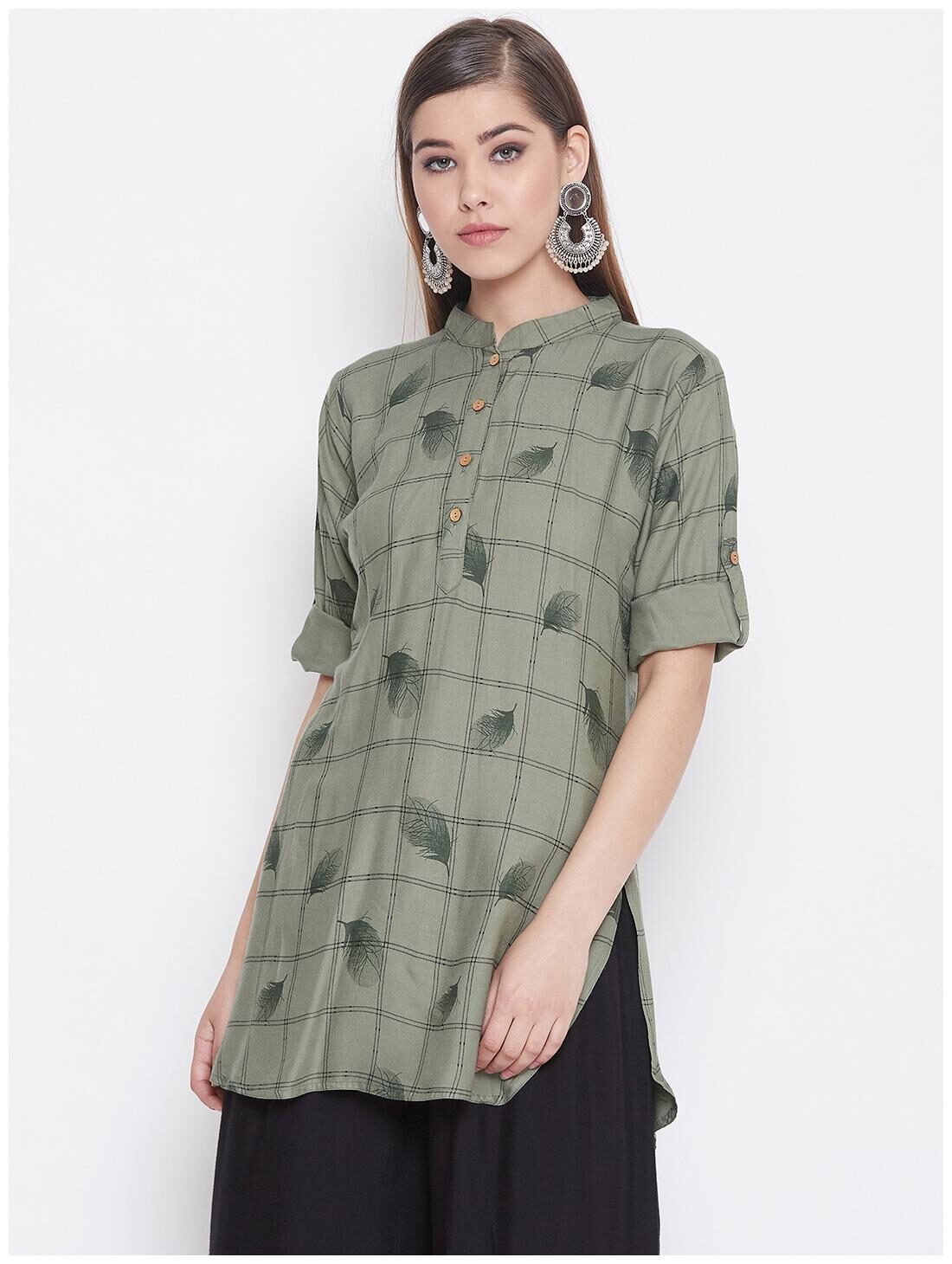 

The Pajama Factory Viscose Rayon Olive Printed Kurti For Women
