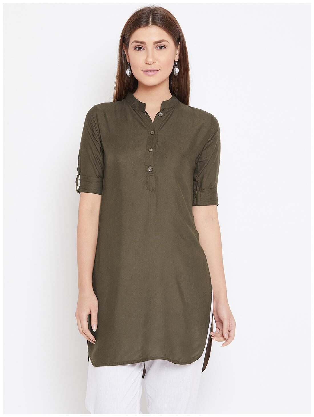 

The Pajama Factory Viscose Rayon Olive Solid Kurti For Women