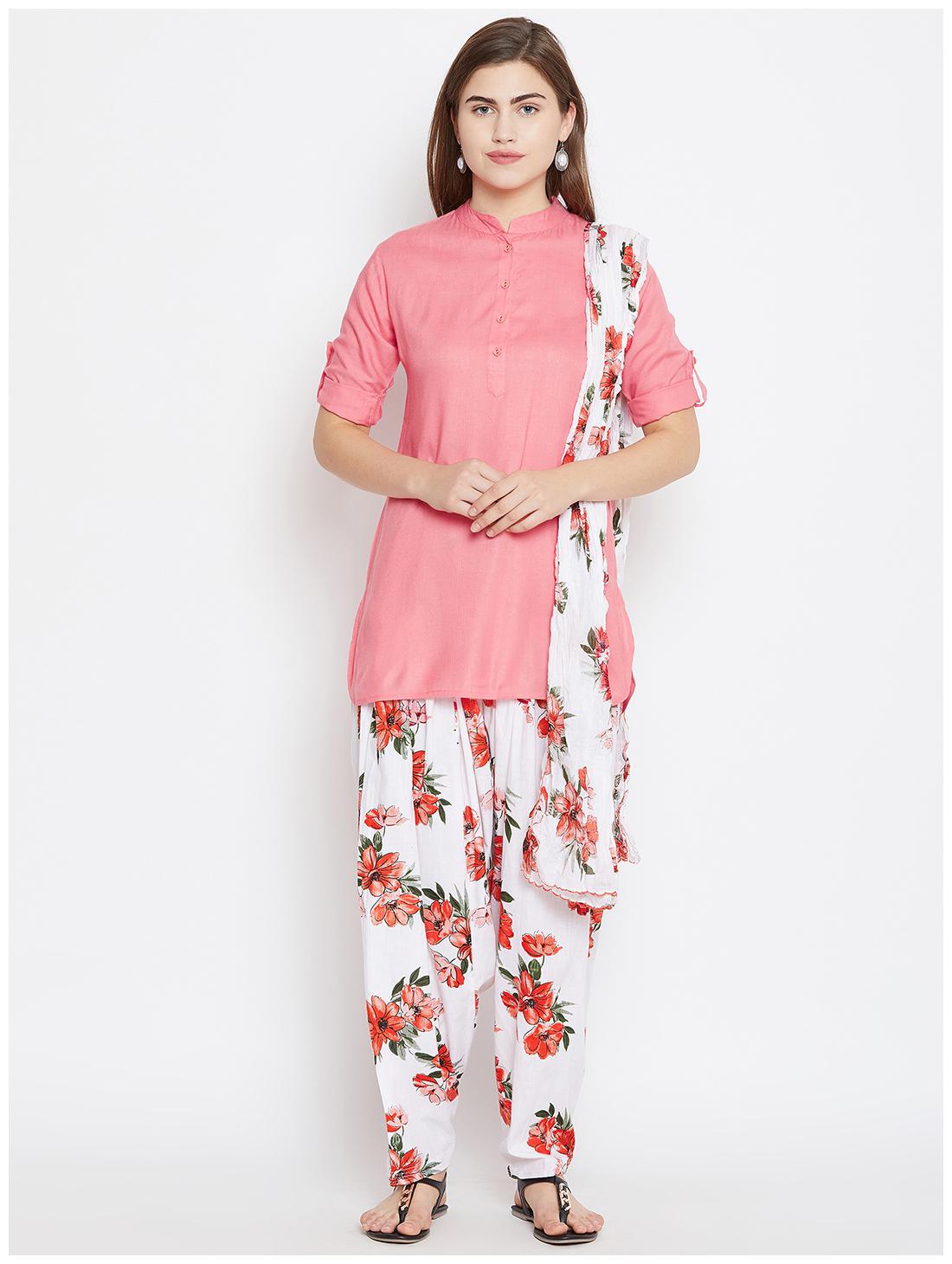 

The Pajama Factory Women Peach Solid Regular Kurti With Patiala And Dupatta