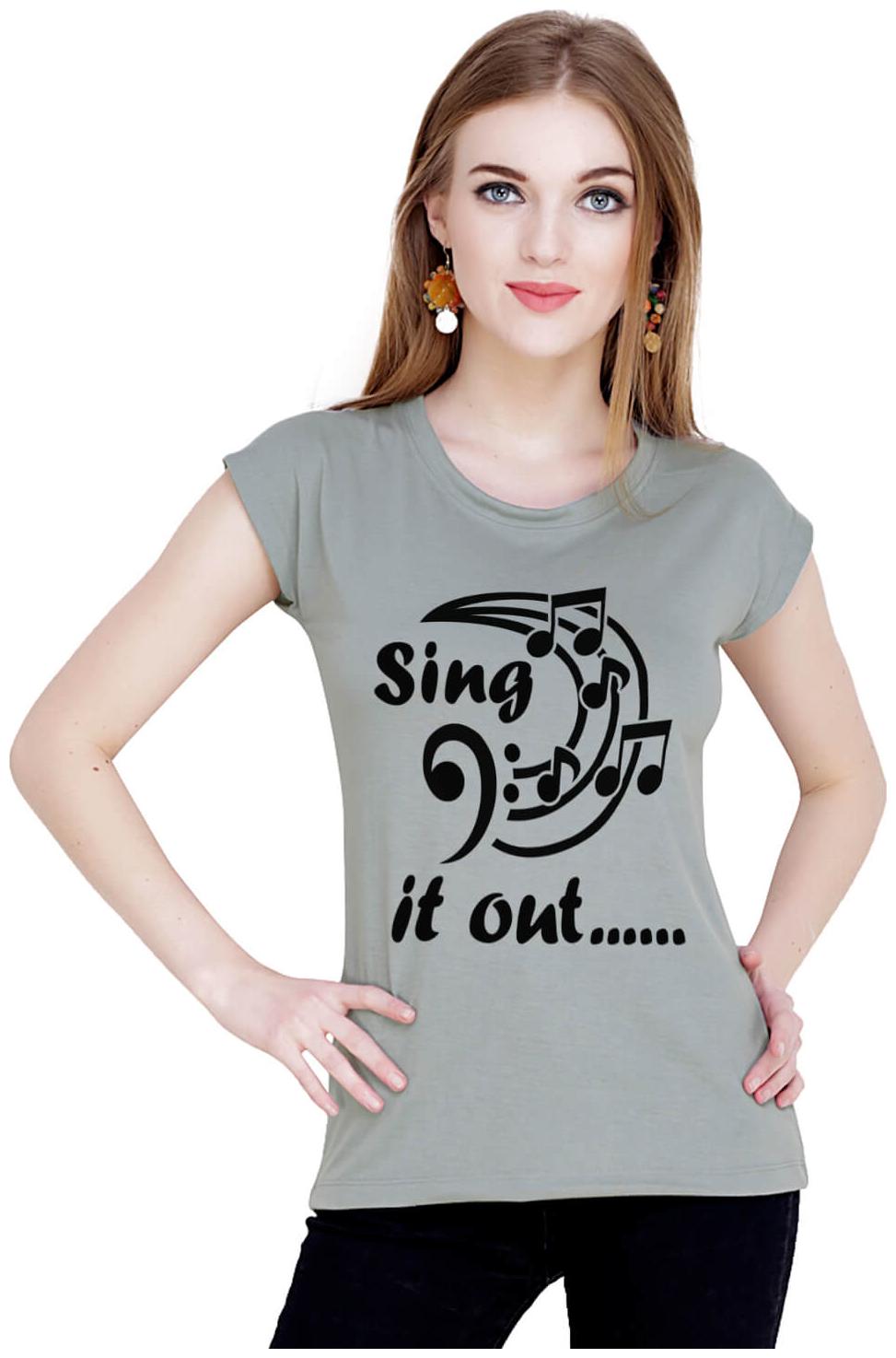 

baluchi Women Grey Regular fit Round neck Cotton Polyester T shirt
