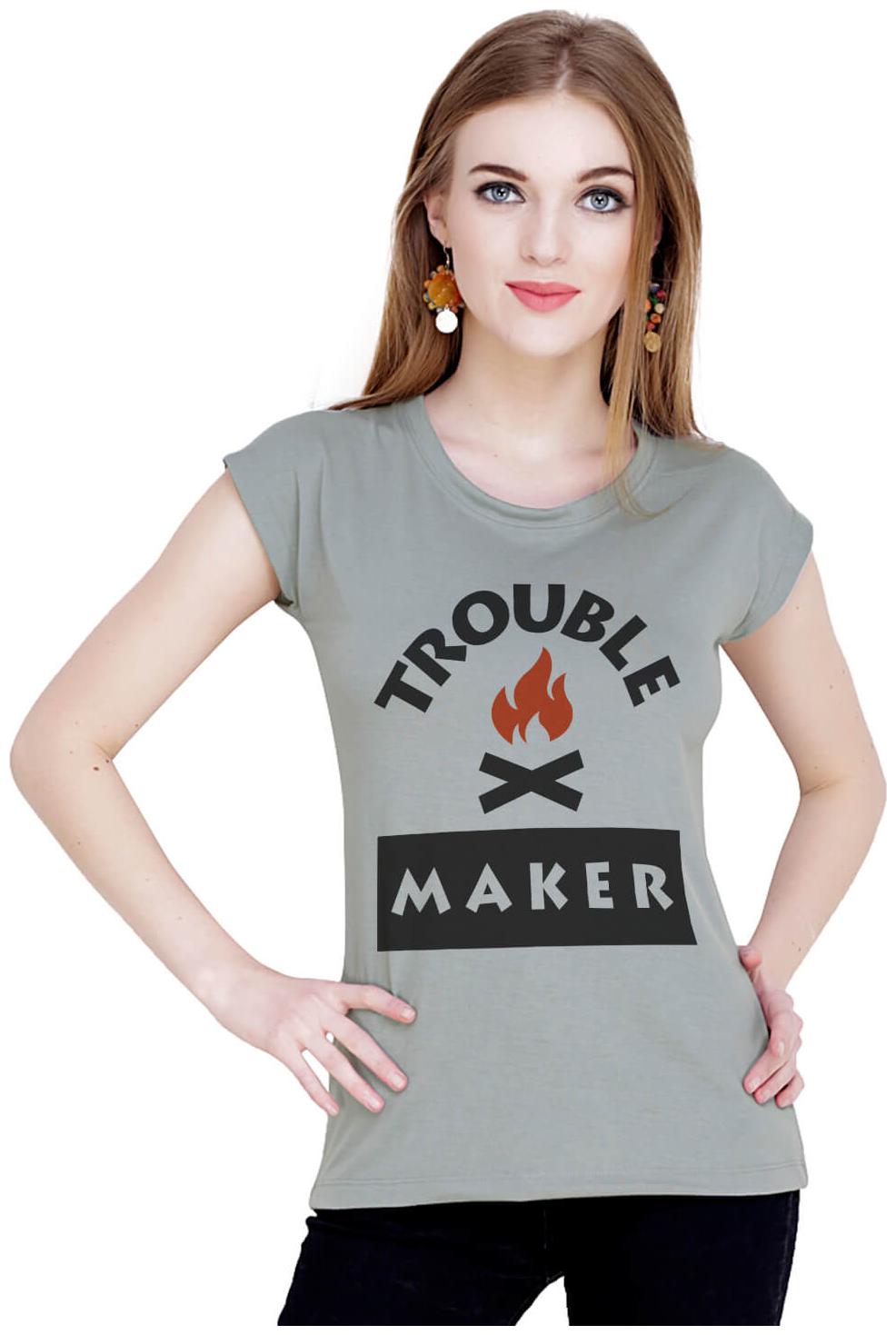 

baluchi Women Grey Regular fit Round neck Cotton Polyester T shirt