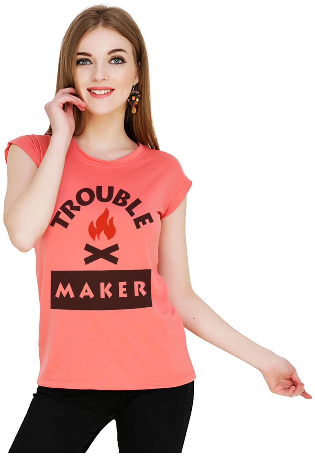 

baluchi Women Orange Regular fit Round neck Cotton Polyester T shirt