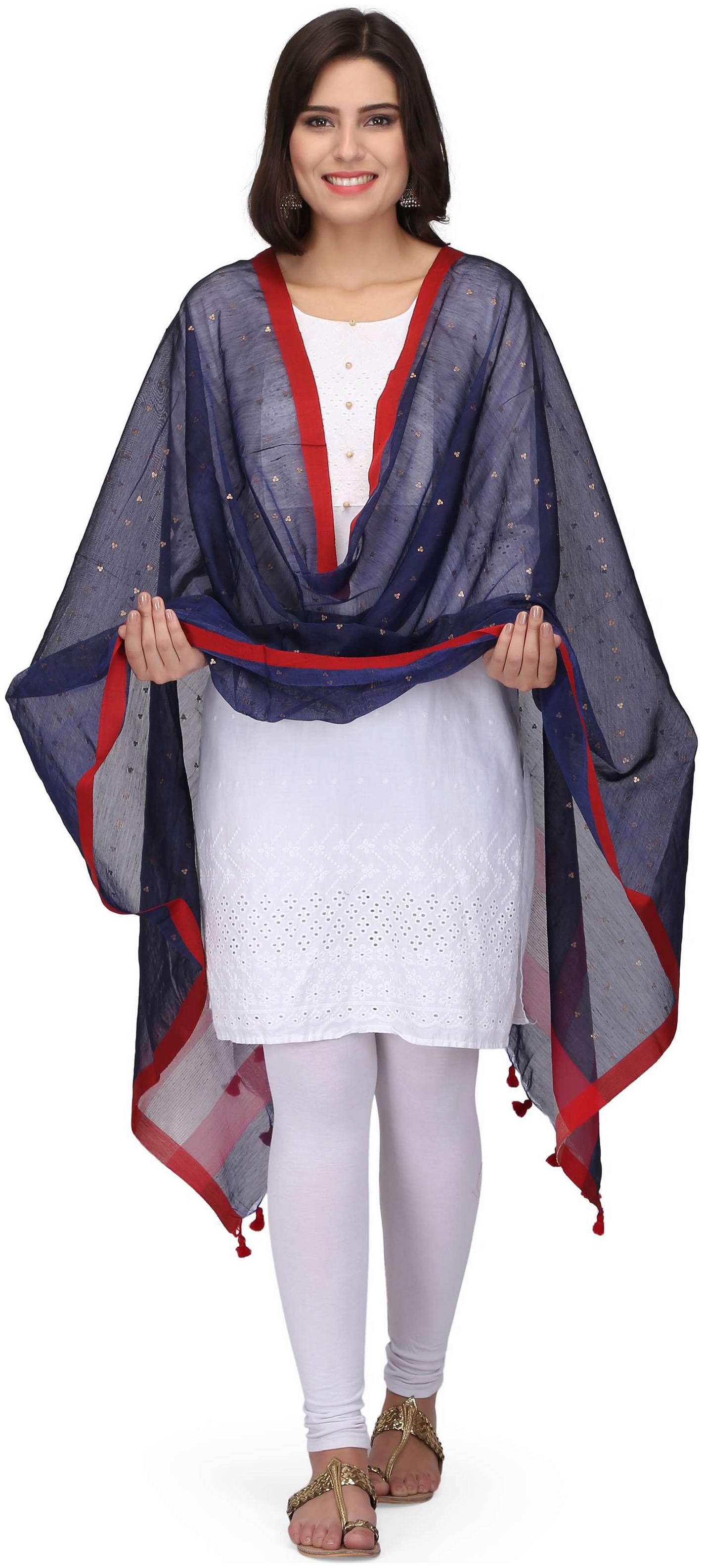 

The Weave Traveller Handloom Hand Woven 2 5 m Silk Cotton Navy Blue Dupattas Embellished With Sequins And Zari With Pom Pom Edgings for Women Girl s
