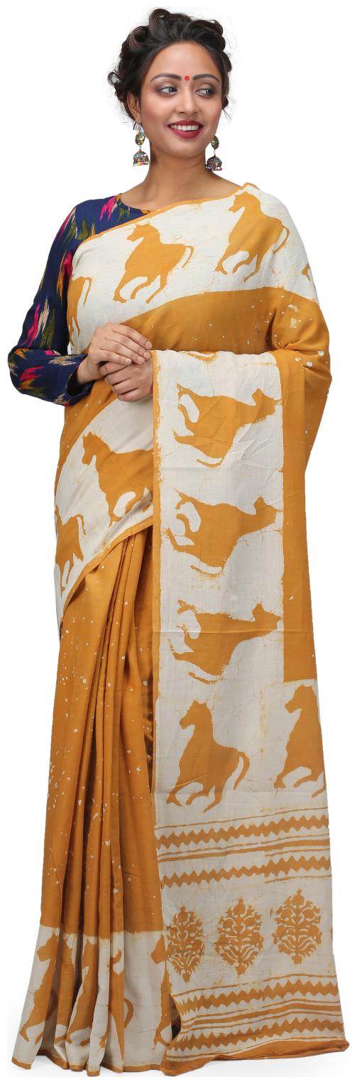 

The Weave Traveller Orange Striped Chanderi Designer Saree With blouse