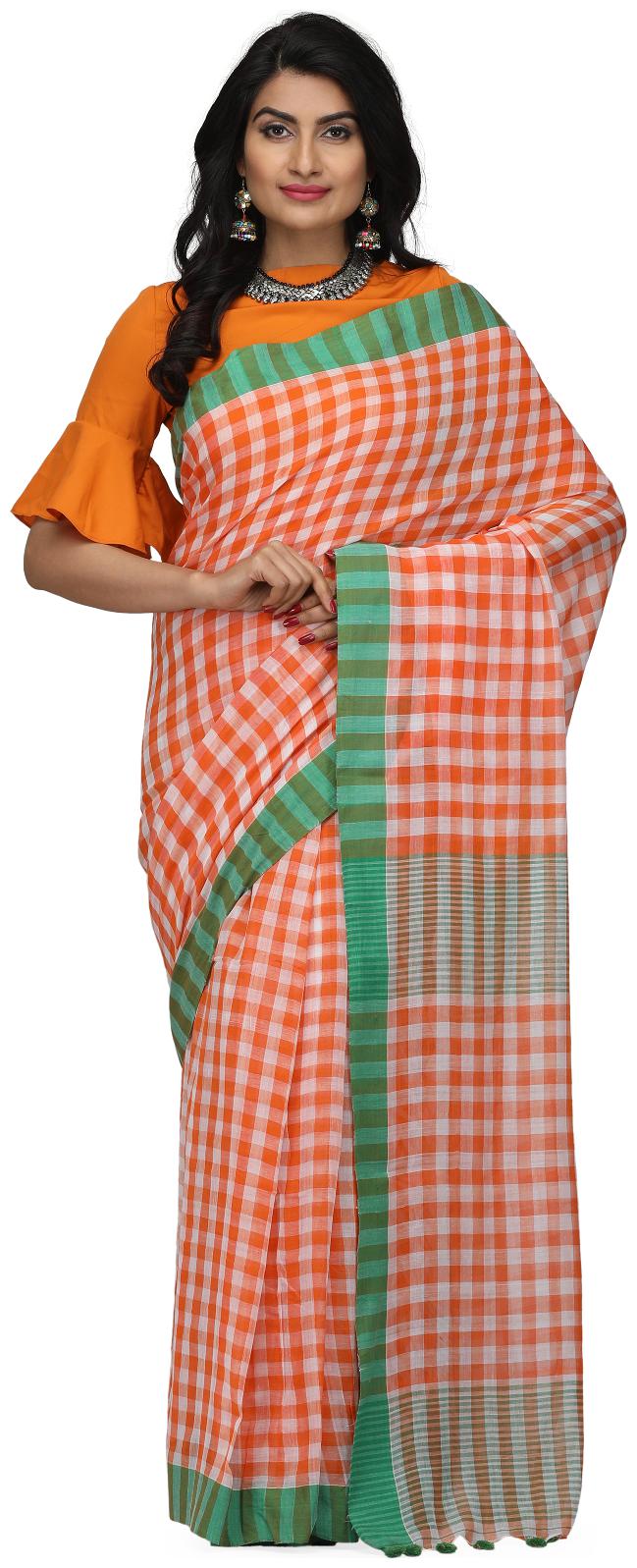 

The Weave Traveller Handloom Women s Hand Woven Soft Cotton Gamcha Checkered Saree With Attached Blouse