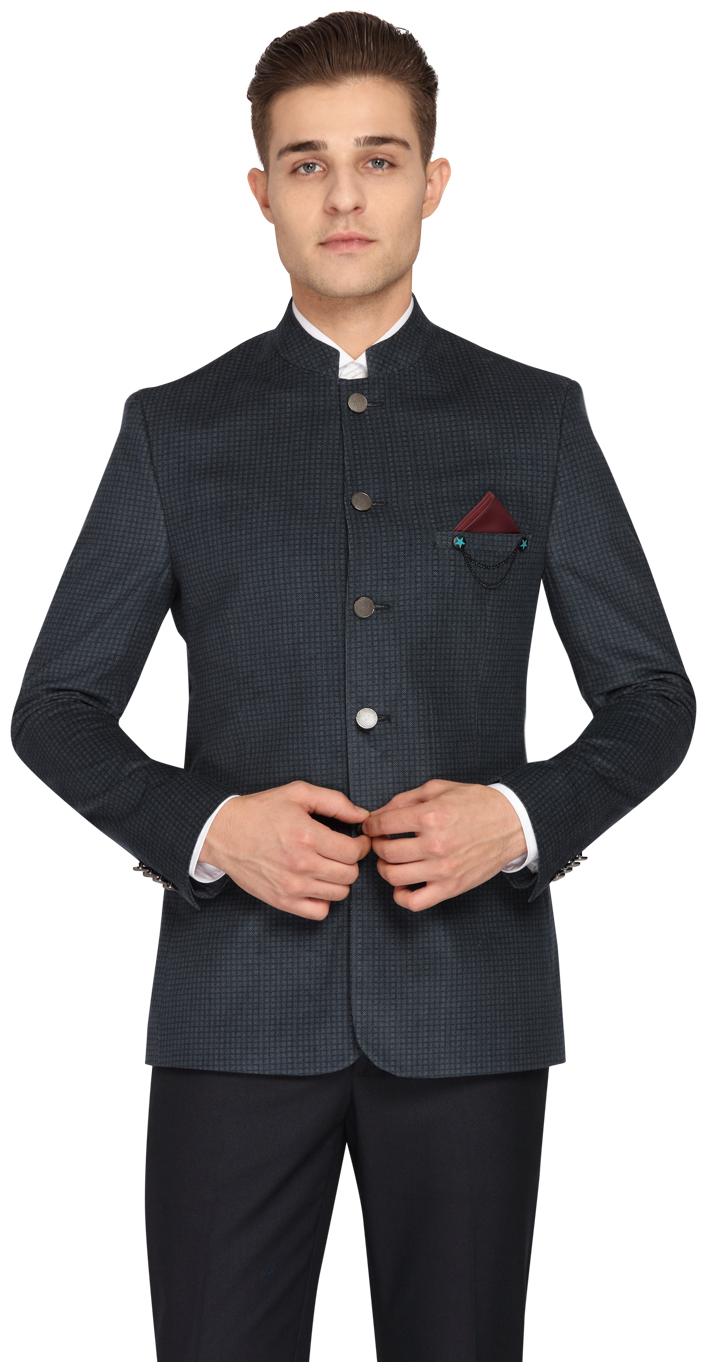 

Theme Men Blue Checked Slim fit Bandhgala Blazer