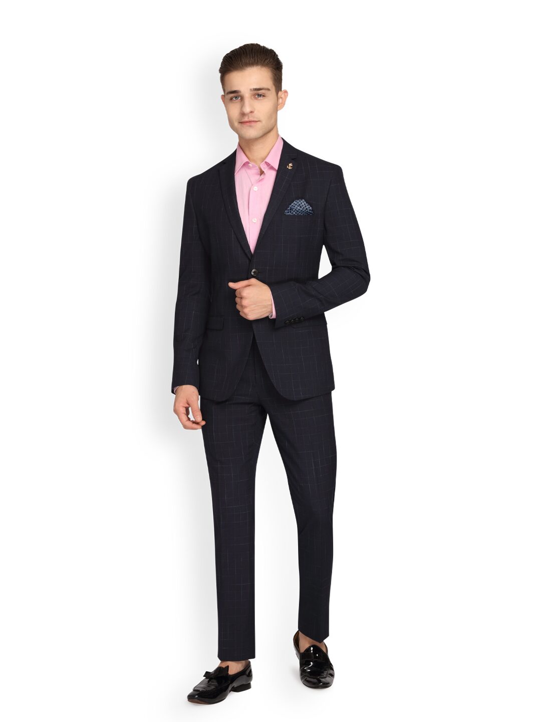 

Theme Men Polyviscose Checked Navy Blue Suit