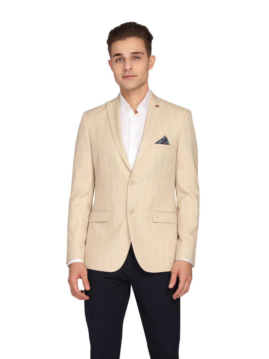 

Theme Men Beige Checked Slim fit Single Breasted Blazer
