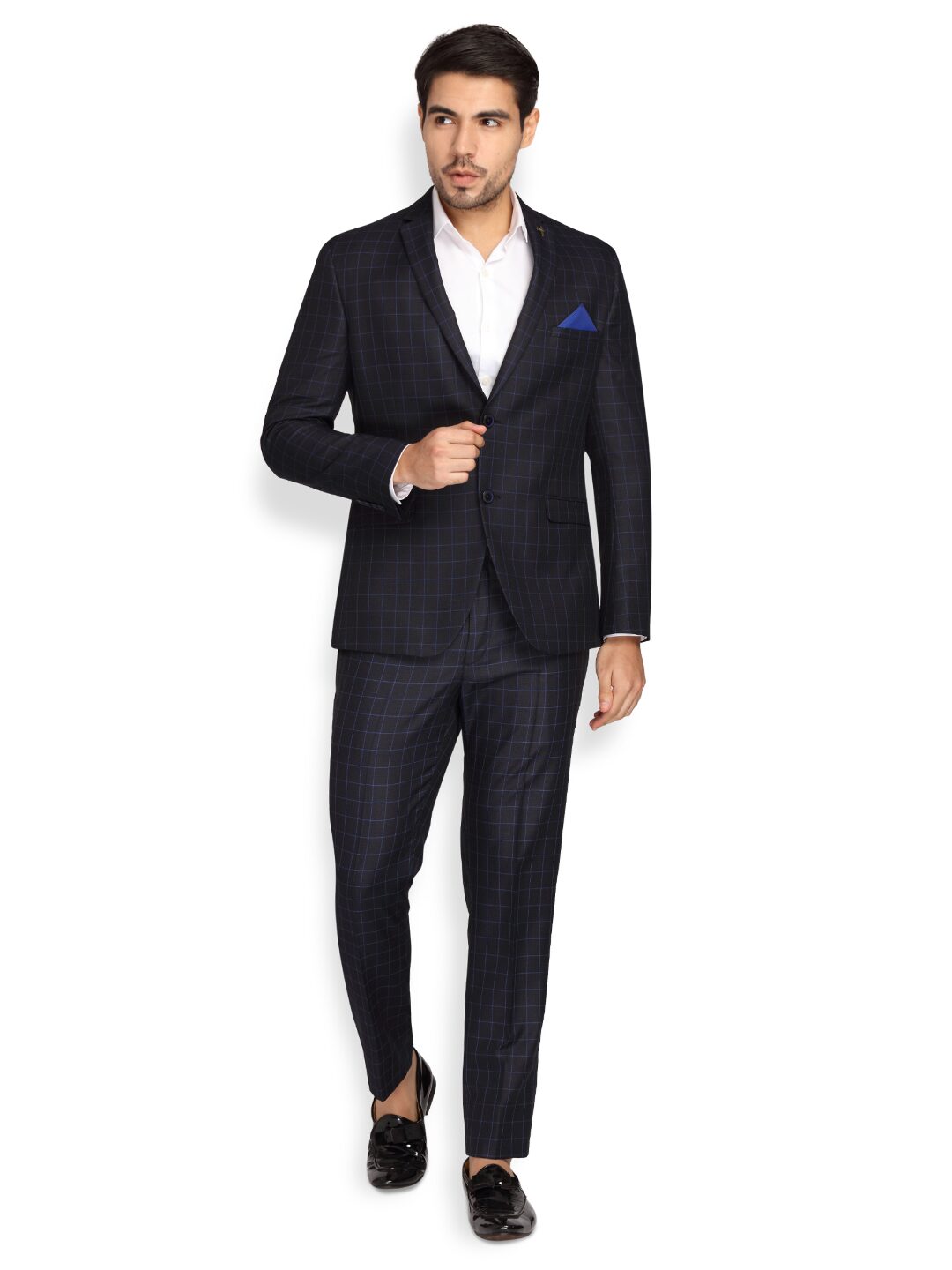 

Theme Men Polyester Checked Navy Blue Suit