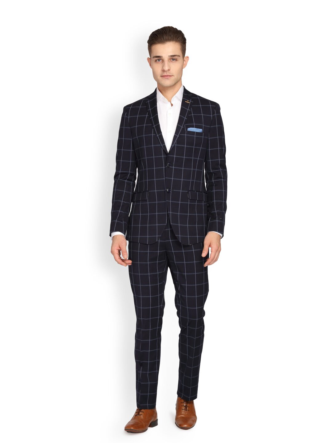 

Theme Men Polyester Checked Navy Blue Suit